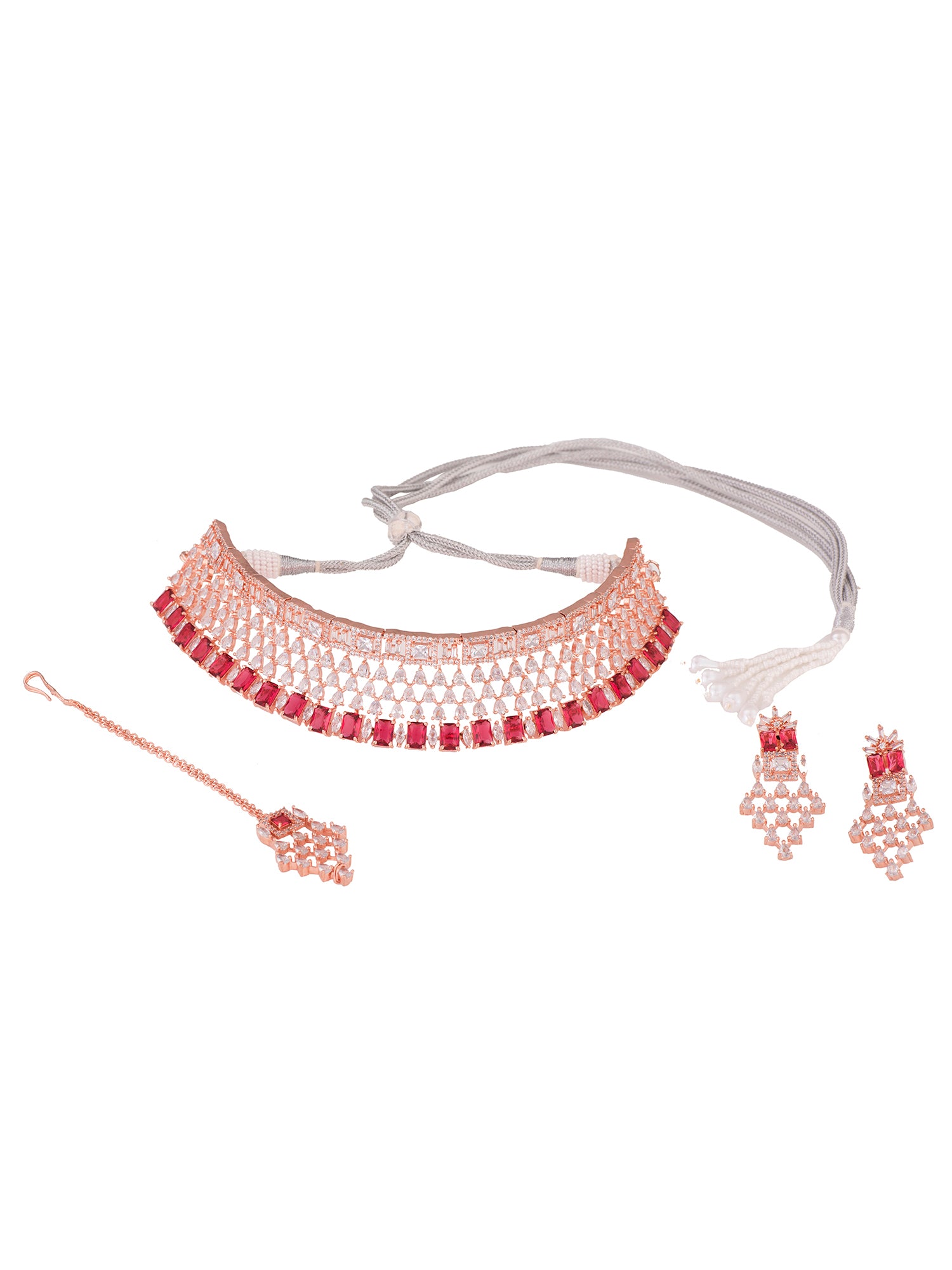 Rose Gold Plated White & Red AD Studded Choker Jewellery Set Earrings & tika, zaveri pearls, sale price rs, sale price, sale gold plated, sale gold, sale, rubans, ring, regular price, priyass