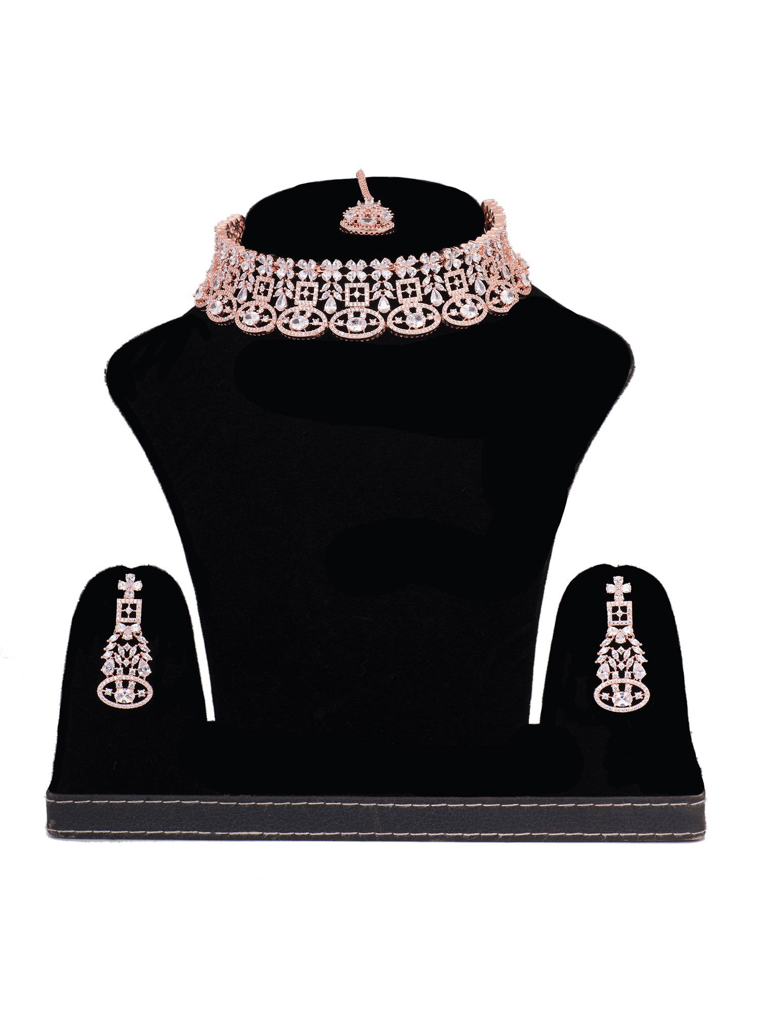 Rose Gold Plated White AD Studded Choker Dropdown Earrings Jewellery Set, zaveri pearls, sale price rs, sale price, sale gold plated, sale gold, sale, rubans, ring, regular price, priyassi je