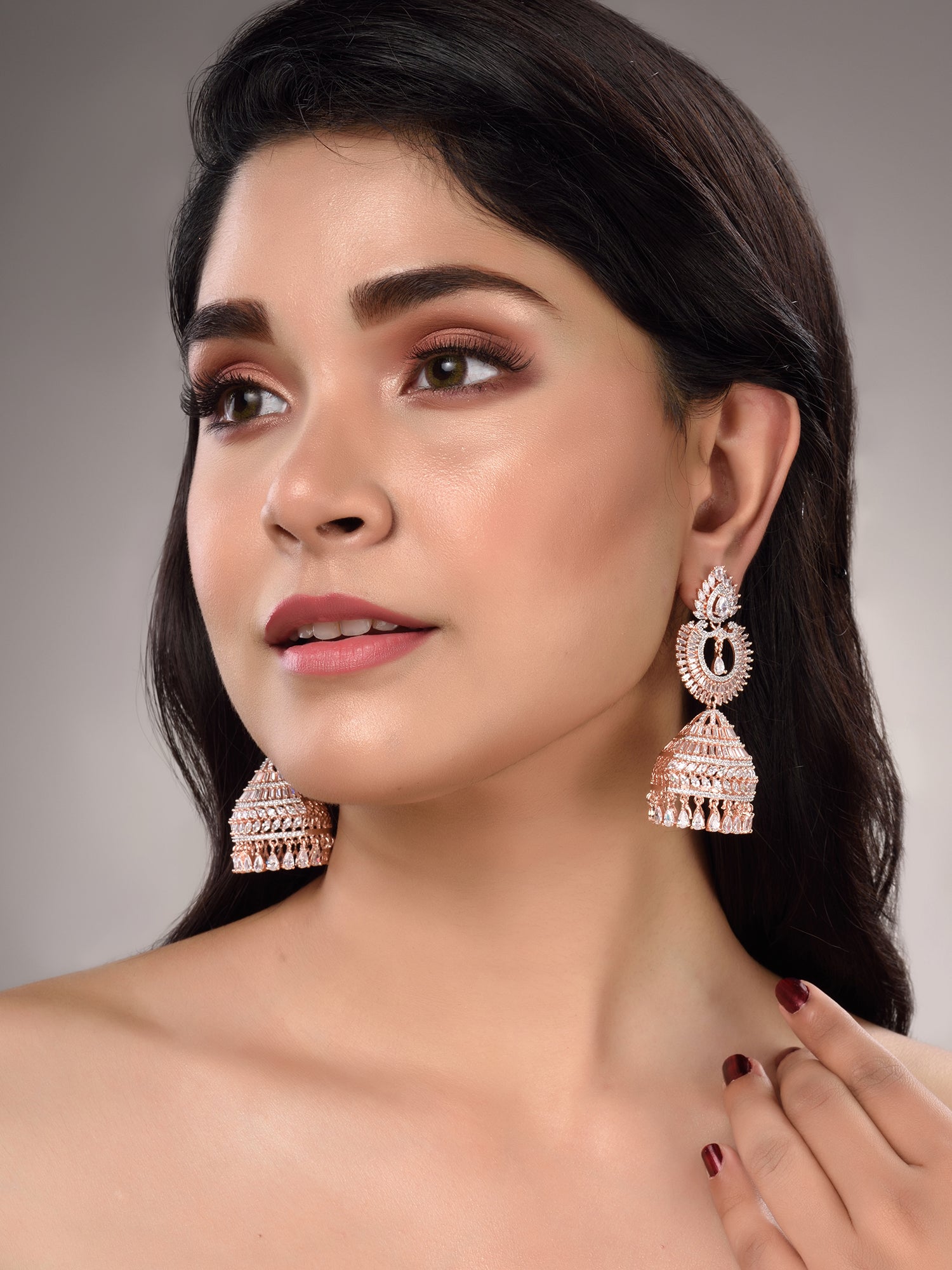 Rose Gold Plated White AD Studded Lightweight Jhumka Earrings, zaveri pearls, sale price rs, sale price, sale gold plated, sale gold, sale, rubans, ring, regular price, priyassi jewellery, ku