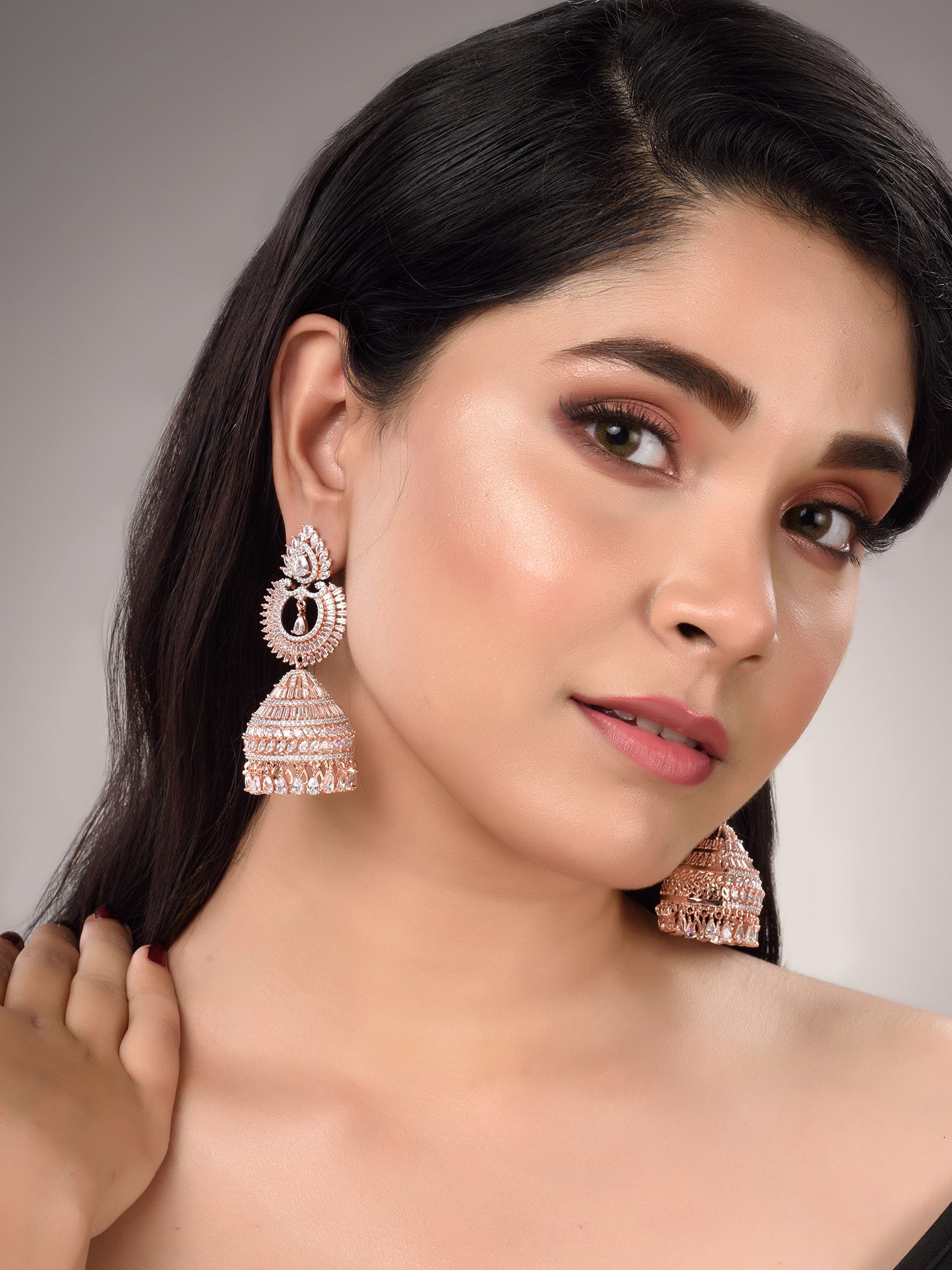 Rose Gold Plated White AD Studded Lightweight Jhumka Earrings, zaveri pearls, sale price rs, sale price, sale gold plated, sale gold, sale, rubans, ring, regular price, priyassi jewellery, ku