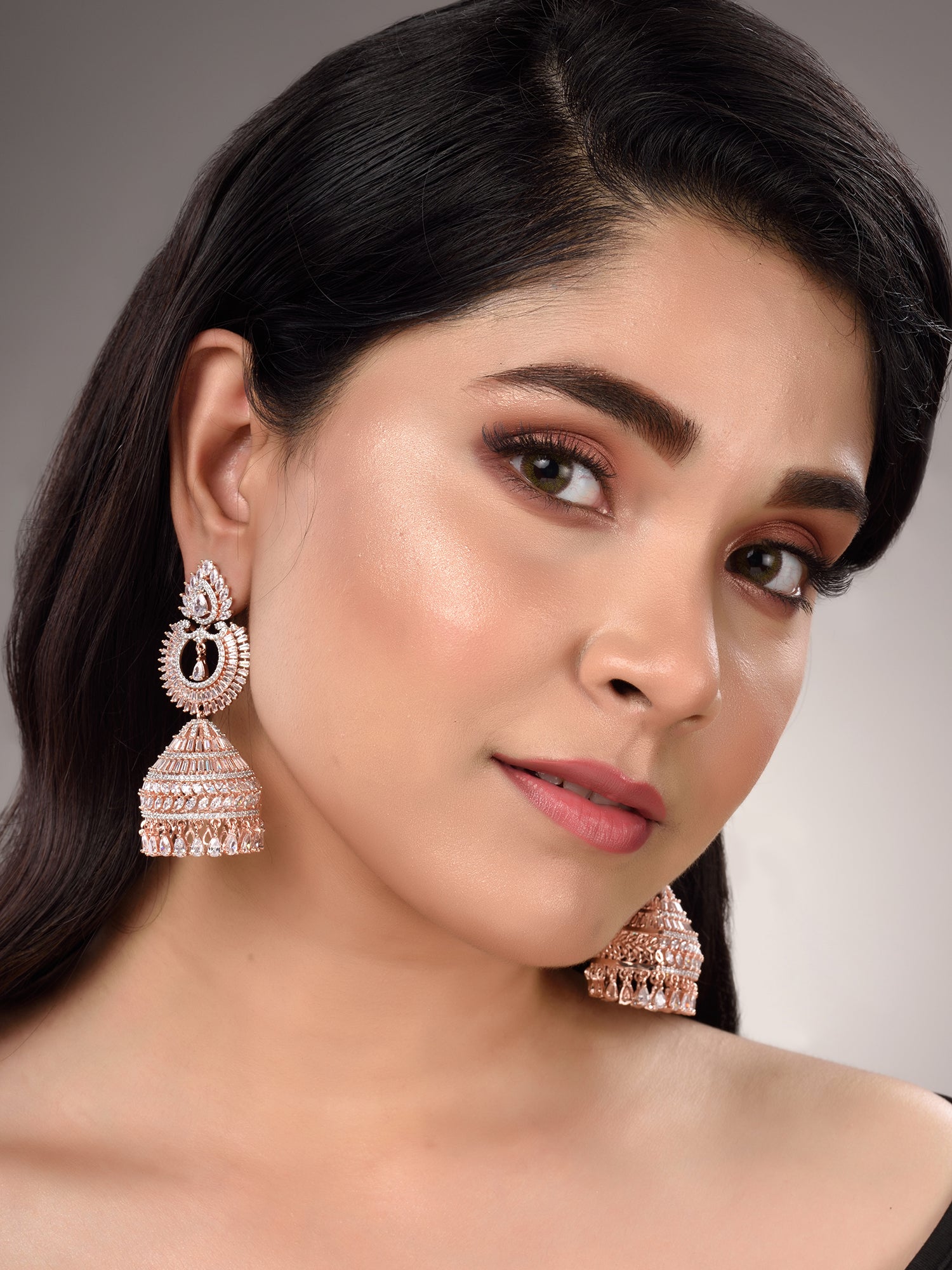 Rose Gold Plated White AD Studded Lightweight Jhumka Earrings, zaveri pearls, sale price rs, sale price, sale gold plated, sale gold, sale, rubans, ring, regular price, priyassi jewellery, ku
