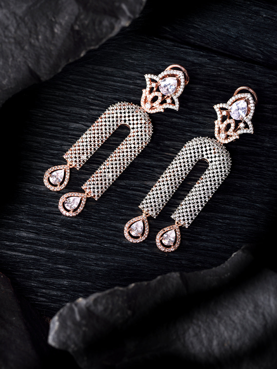 Rose Gold Plated White AD stdded Long Designer Dropdown Earrings, zaveri pearls, sale price rs, sale price, sale gold plated, sale gold, sale, rubans, ring, regular price, priyassi jewellery,