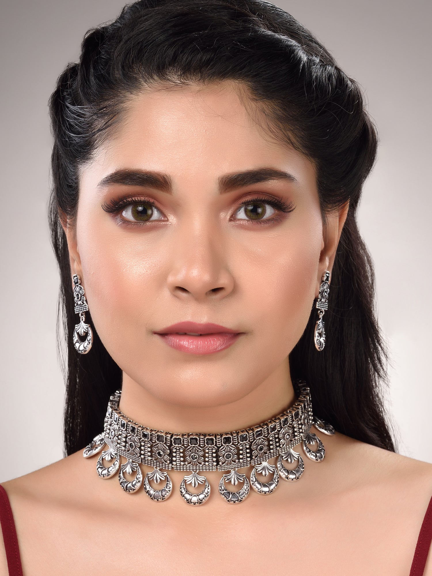 Silver Oxidised Black Stone Studded Tribal Choker Jewellery Set, zaveri pearls, sale price rs, sale price, sale gold plated, sale gold, sale, rubans, ring, regular price, priyassi jewellery, 
