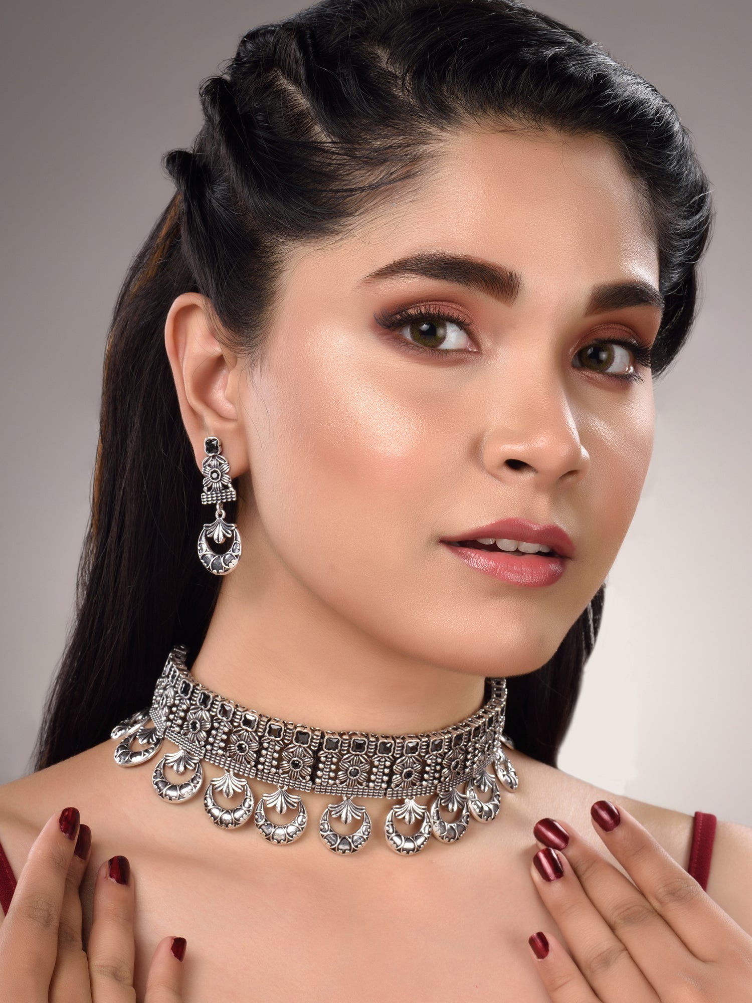 Silver Oxidised Black Stone Studded Tribal Choker Jewellery Set, zaveri pearls, sale price rs, sale price, sale gold plated, sale gold, sale, rubans, ring, regular price, priyassi jewellery, 