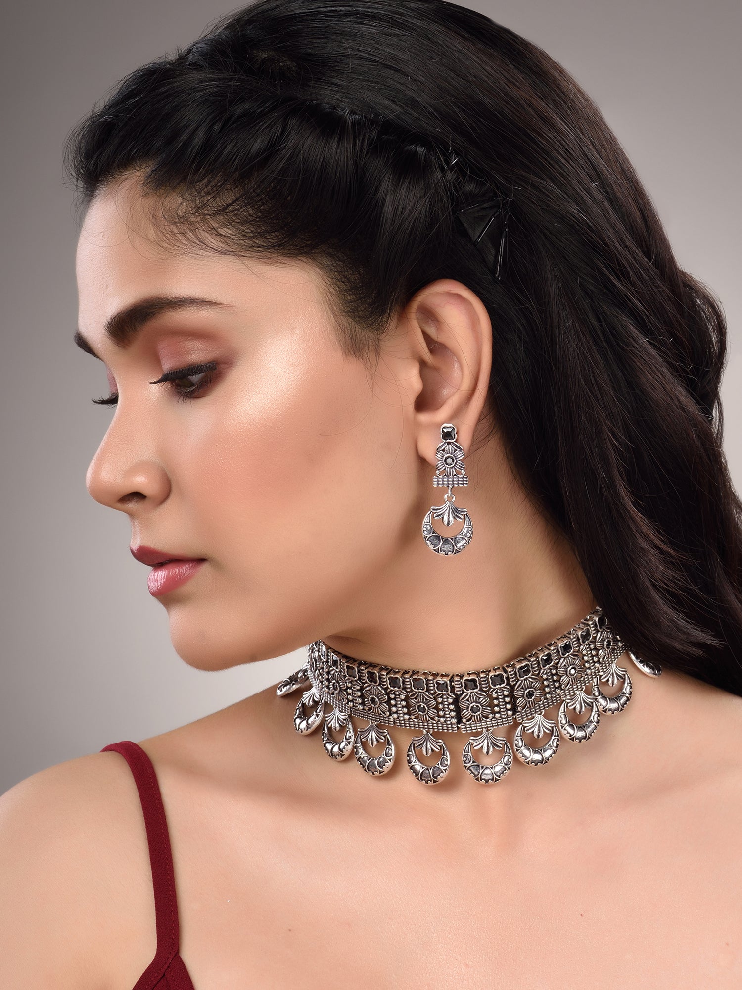 Silver Oxidised Black Stone Studded Tribal Choker Jewellery Set, zaveri pearls, sale price rs, sale price, sale gold plated, sale gold, sale, rubans, ring, regular price, priyassi jewellery, 