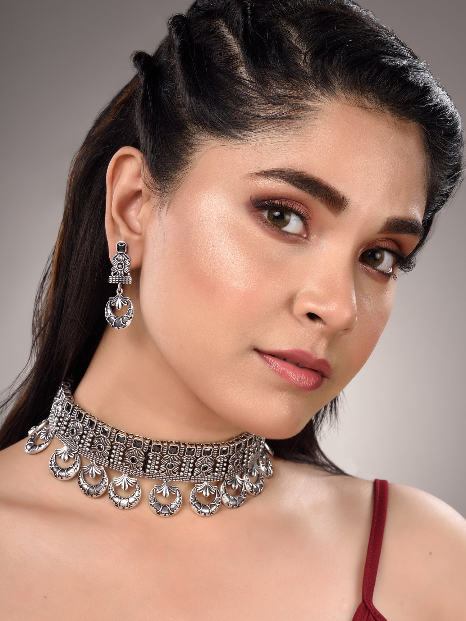 Silver Oxidised Black Stone Studded Tribal Choker Jewellery Set, zaveri pearls, sale price rs, sale price, sale gold plated, sale gold, sale, rubans, ring, regular price, priyassi jewellery, 