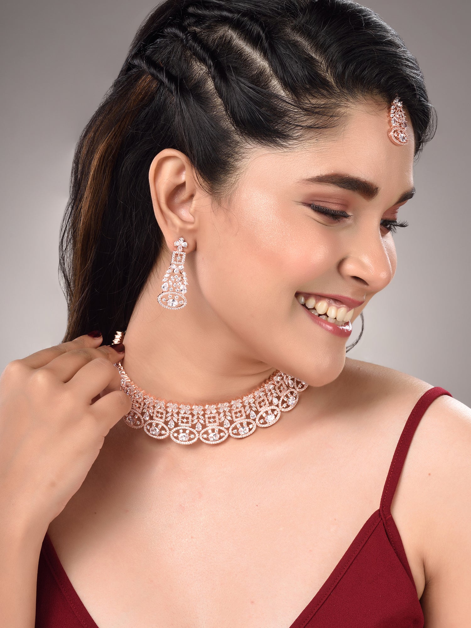 Rose Gold Plated White AD Studded Choker Dropdown Earrings Jewellery Set, zaveri pearls, sale price rs, sale price, sale gold plated, sale gold, sale, rubans, ring, regular price, priyassi je