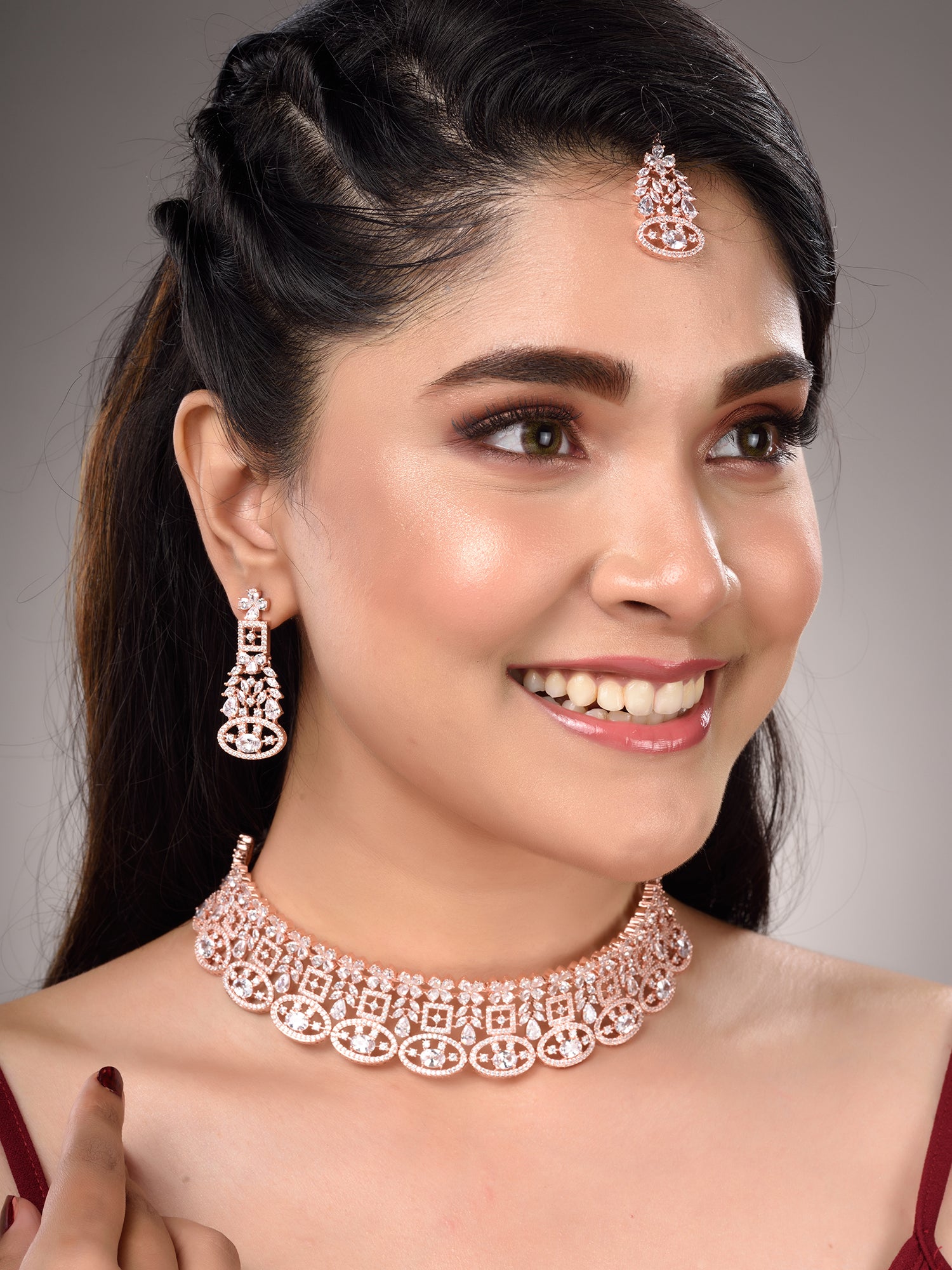 Rose Gold Plated White AD Studded Choker Dropdown Earrings Jewellery Set, zaveri pearls, sale price rs, sale price, sale gold plated, sale gold, sale, rubans, ring, regular price, priyassi je