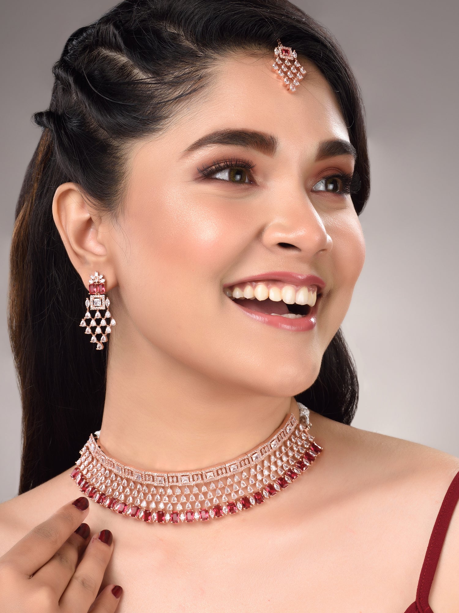 Rose Gold Plated White & Red AD Studded Choker Jewellery Set Earrings & tika, zaveri pearls, sale price rs, sale price, sale gold plated, sale gold, sale, rubans, ring, regular price, priyass