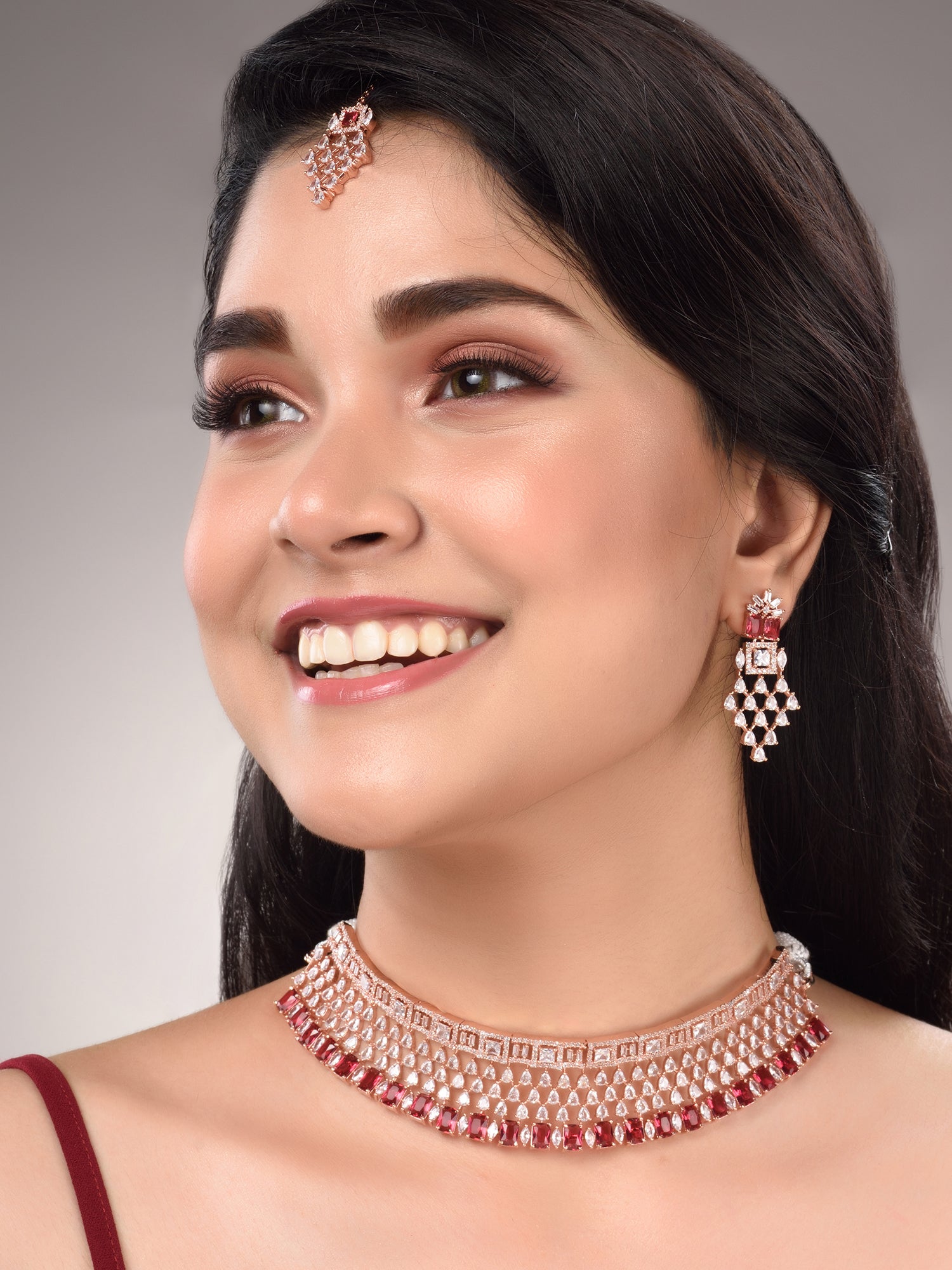 Rose Gold Plated White & Red AD Studded Choker Jewellery Set Earrings & tika, zaveri pearls, sale price rs, sale price, sale gold plated, sale gold, sale, rubans, ring, regular price, priyass