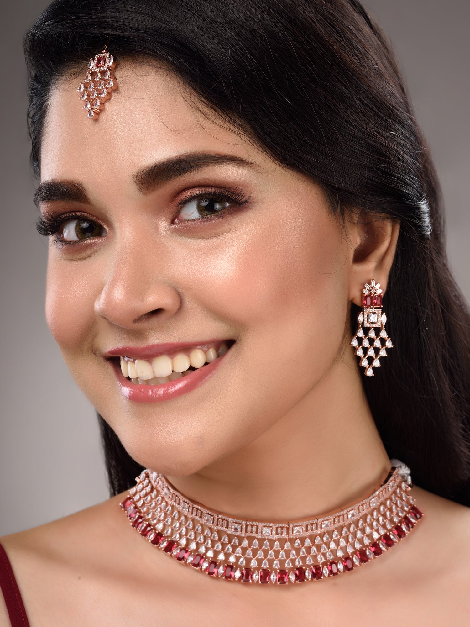 Rose Gold Plated White & Red AD Studded Choker Jewellery Set Earrings & tika, zaveri pearls, sale price rs, sale price, sale gold plated, sale gold, sale, rubans, ring, regular price, priyass