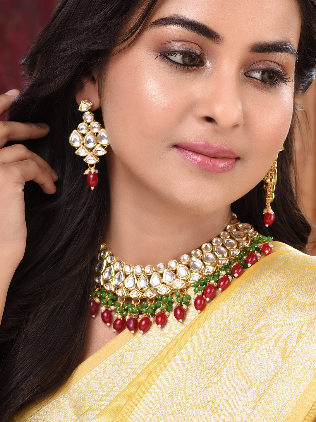 Gold Toned Kundan studded Red & Green Bead studded Handcrafted Jewellery Set, zaveri pearls, sale price rs, sale price, sale gold plated, sale gold, sale, rubans, ring, regular price, priyass