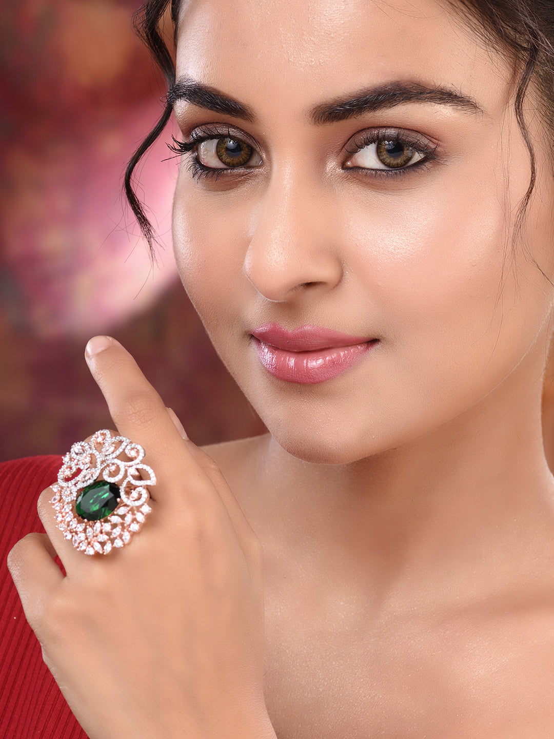 Rose Gold Plated Green AD Encrusted Quirky Floral Finger Ring, zaveri pearls, sale price rs, sale price, sale gold plated, sale gold, sale, rubans, ring, regular price, priyassi jewellery, ku