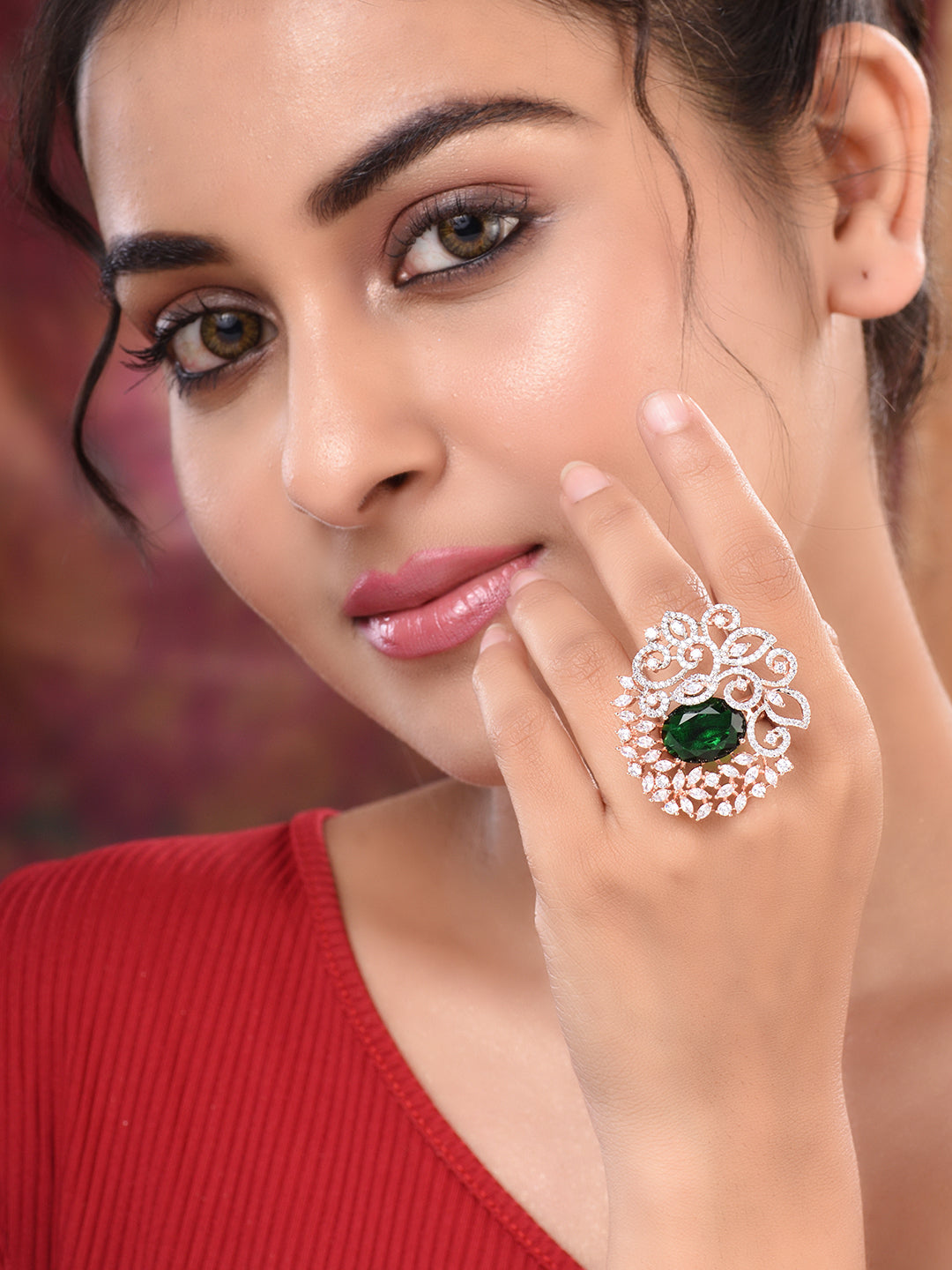 Rose Gold Plated Green AD Encrusted Quirky Floral Finger Ring, zaveri pearls, sale price rs, sale price, sale gold plated, sale gold, sale, rubans, ring, regular price, priyassi jewellery, ku
