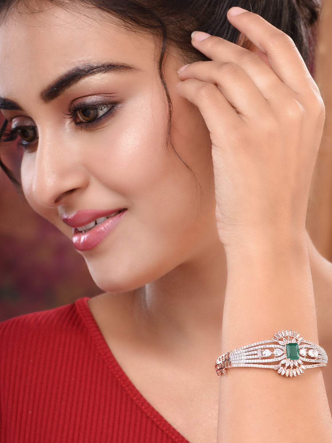 Rose Gold Toned Green AD Encrusted Statement Kada Bracelet, zaveri pearls, sale price rs, sale price, sale gold plated, sale gold, sale, rubans, ring, regular price, priyassi jewellery, kusha