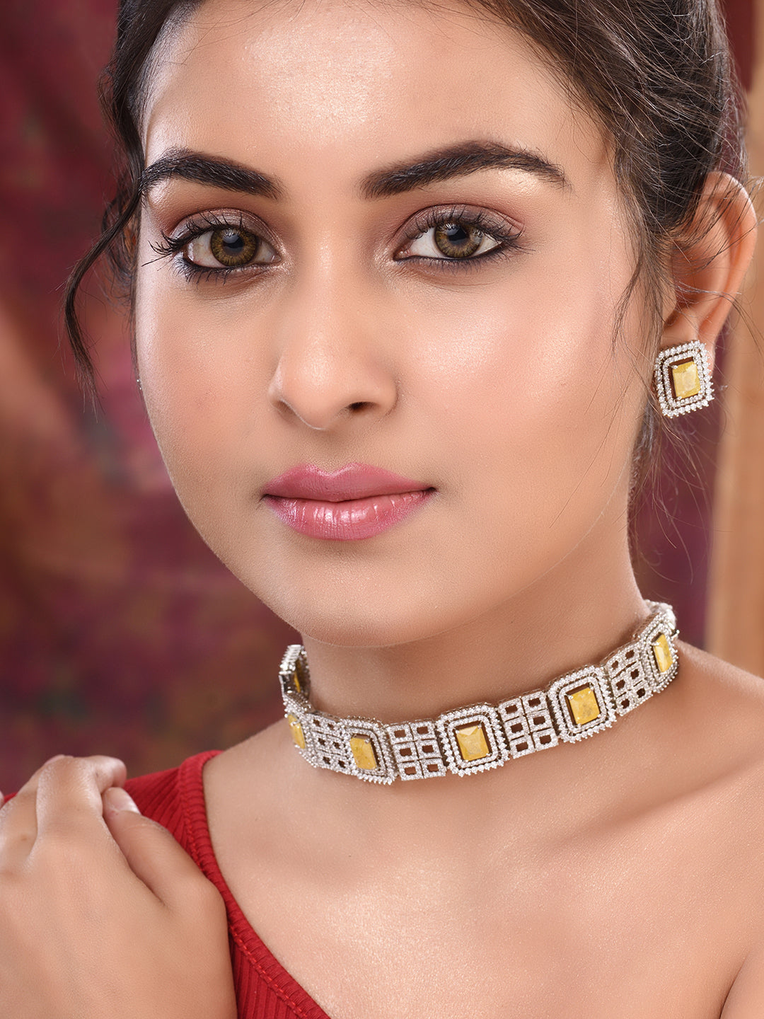 Rose Gold Plated Yellow AD studded Sleek Choker Jewellery Set, zaveri pearls, sale price rs, sale price, sale gold plated, sale gold, sale, rubans, ring, regular price, priyassi jewellery, ku