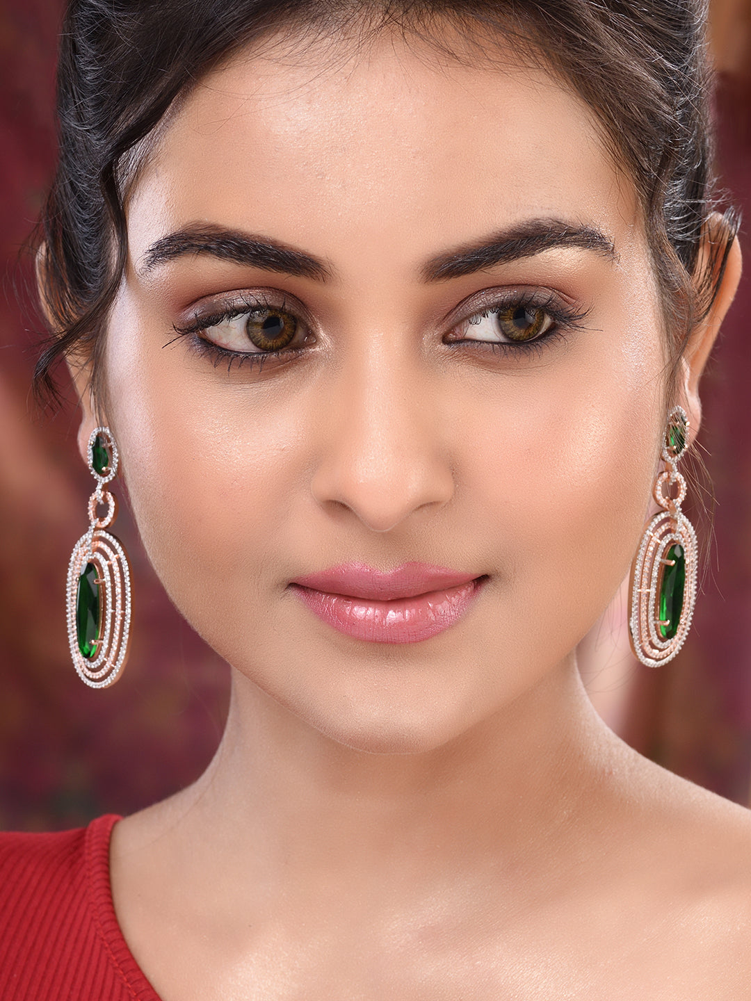 Rose Gold Plated Green AD Studded Oval Statement Earrings, zaveri pearls, sale price rs, sale price, sale gold plated, sale gold, sale, rubans, ring, regular price, priyassi jewellery, kushal
