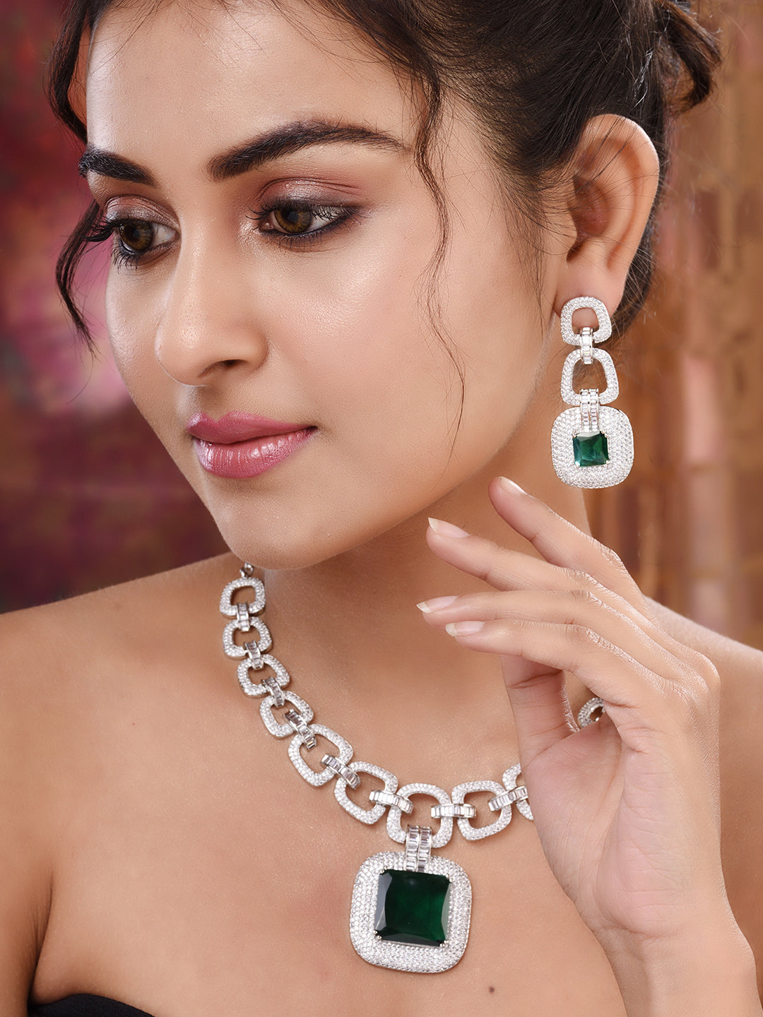 Silver Plated Green AD Studded Statement Necklace Jewellery Set, zaveri pearls, sale price rs, sale price, sale gold plated, sale gold, sale, rubans, ring, regular price, priyassi jewellery, 