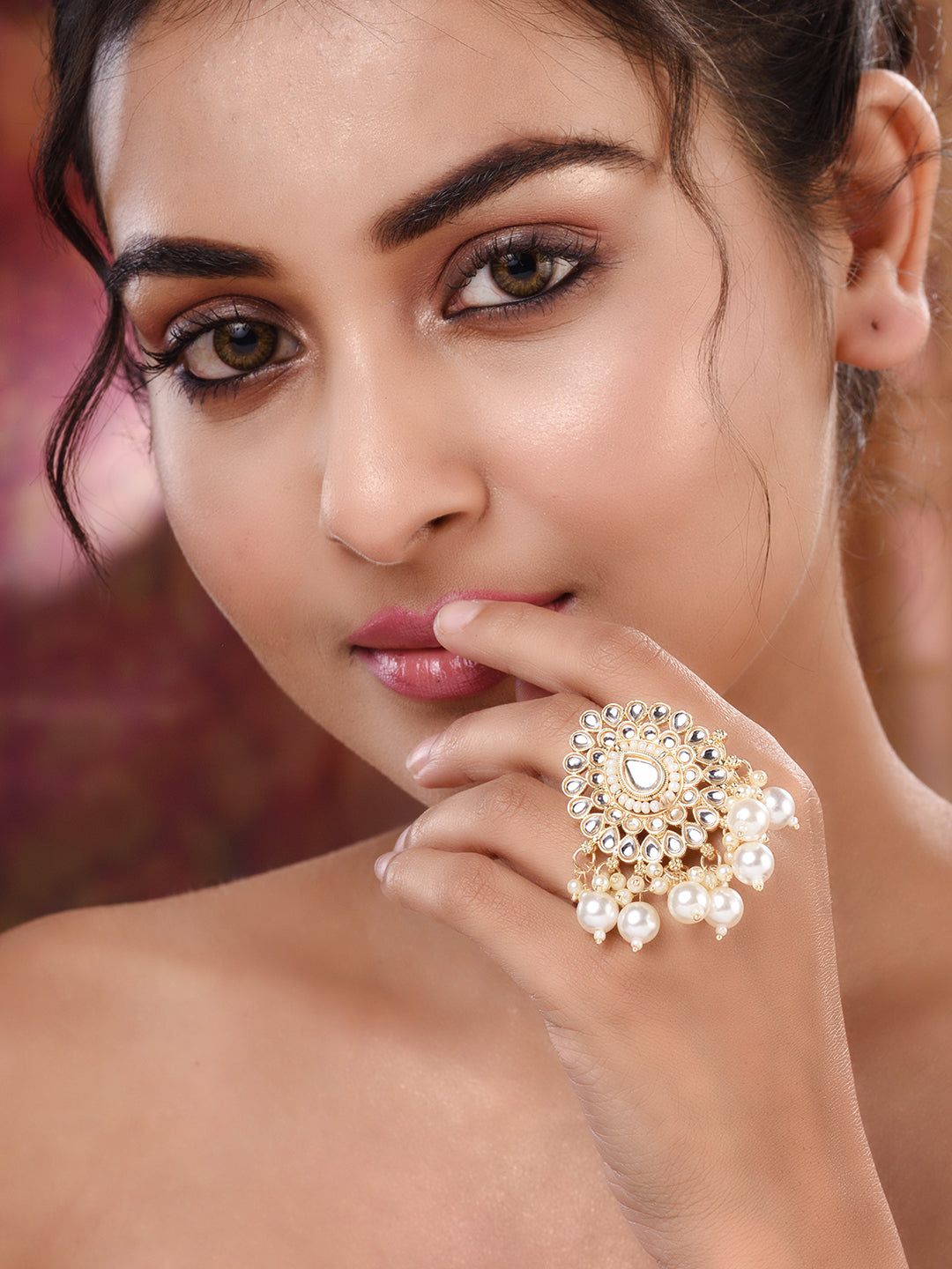 Gold Toned White Kundan Studded & Pearl Beaded Ring, zaveri pearls, sale price rs, sale price, sale gold plated, sale gold, sale, rubans, ring, regular price, priyassi jewellery, kushal's - S
