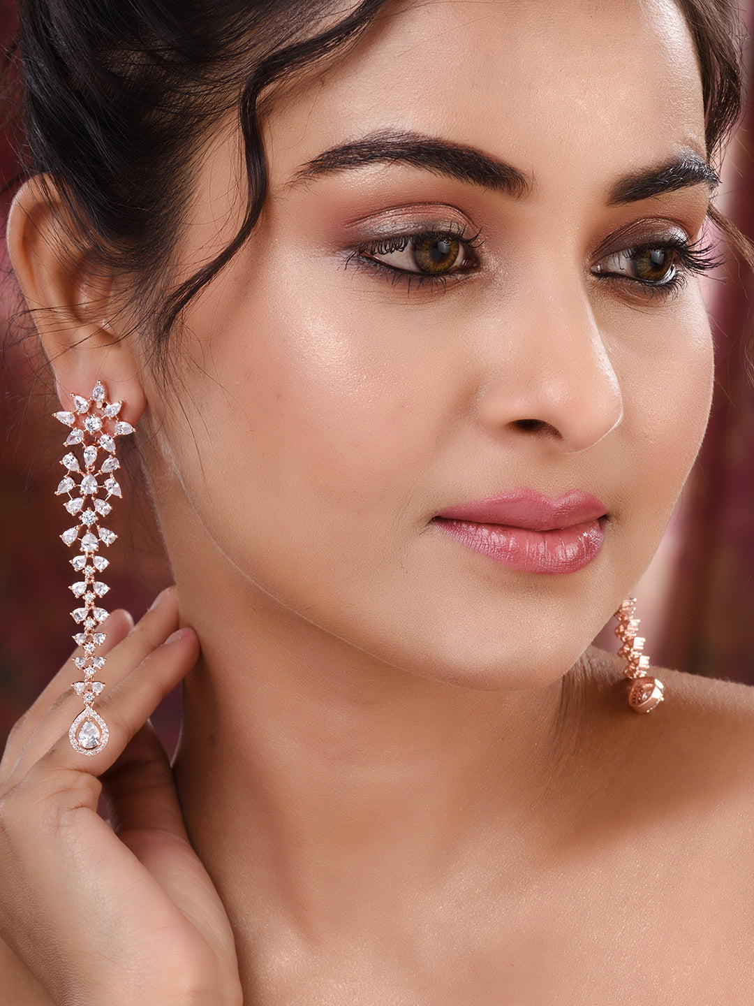 Rose Gold Plated White AD embellished Dropdown Dangler Earrings, zaveri pearls, sale price rs, sale price, sale gold plated, sale gold, sale, rubans, ring, regular price, priyassi jewellery, 