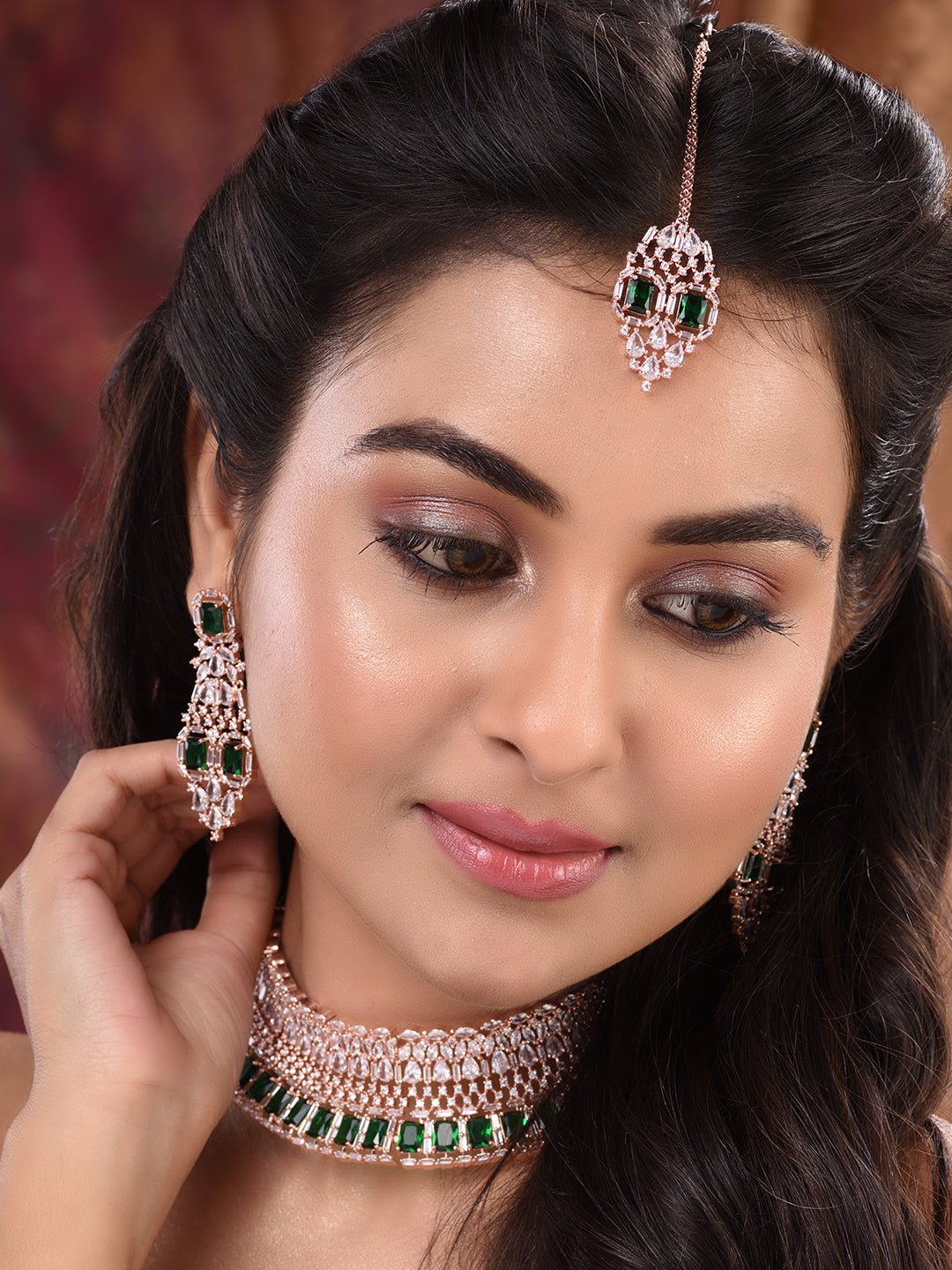 Rose Gold Plated Green AD Studded Bridal Choker Jewellery Set, zaveri pearls, sale price rs, sale price, sale gold plated, sale gold, sale, rubans, ring, regular price, priyassi jewellery, ku