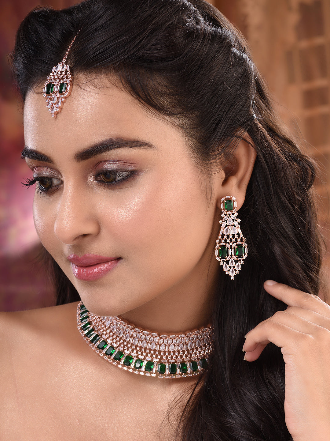 Rose Gold Plated Green AD Studded Bridal Choker Jewellery Set, zaveri pearls, sale price rs, sale price, sale gold plated, sale gold, sale, rubans, ring, regular price, priyassi jewellery, ku