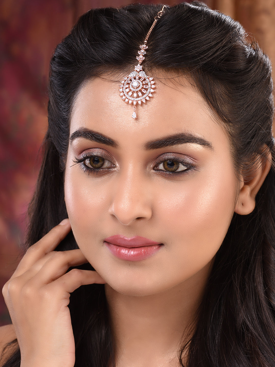 Rose Gold Plated CZ Studded Handcrafted Solar Maangtika, zaveri pearls, sale price rs, sale price, sale gold plated, sale gold, sale, rubans, ring, regular price, priyassi jewellery, kushal's