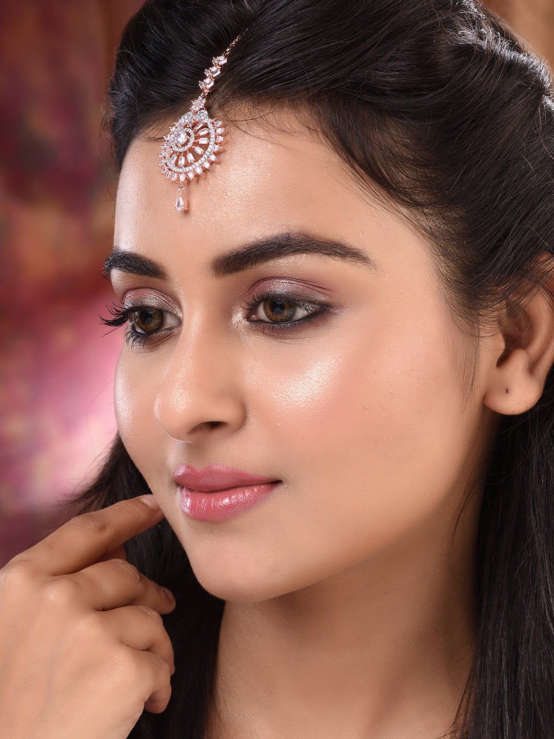 Rose Gold Plated CZ Studded Handcrafted Solar Maangtika, zaveri pearls, sale price rs, sale price, sale gold plated, sale gold, sale, rubans, ring, regular price, priyassi jewellery, kushal's