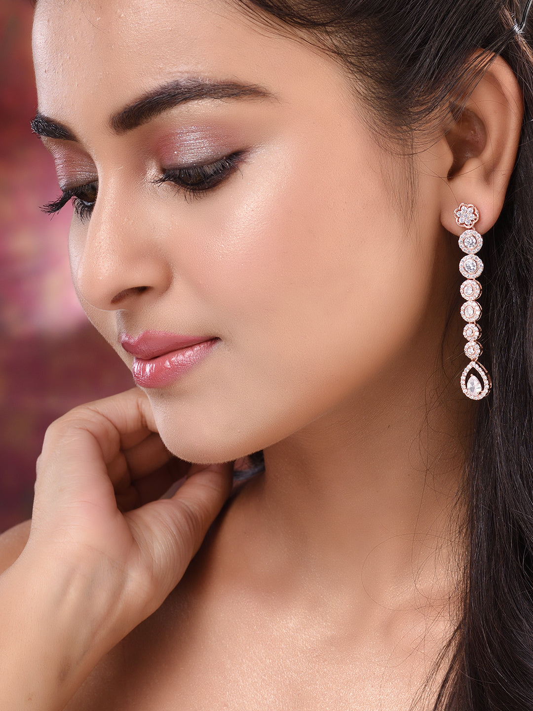 Rose Gold Plated White AD Studded Long Dangler Earrings, zaveri pearls, sale price rs, sale price, sale gold plated, sale gold, sale, rubans, ring, regular price, priyassi jewellery, kushal's