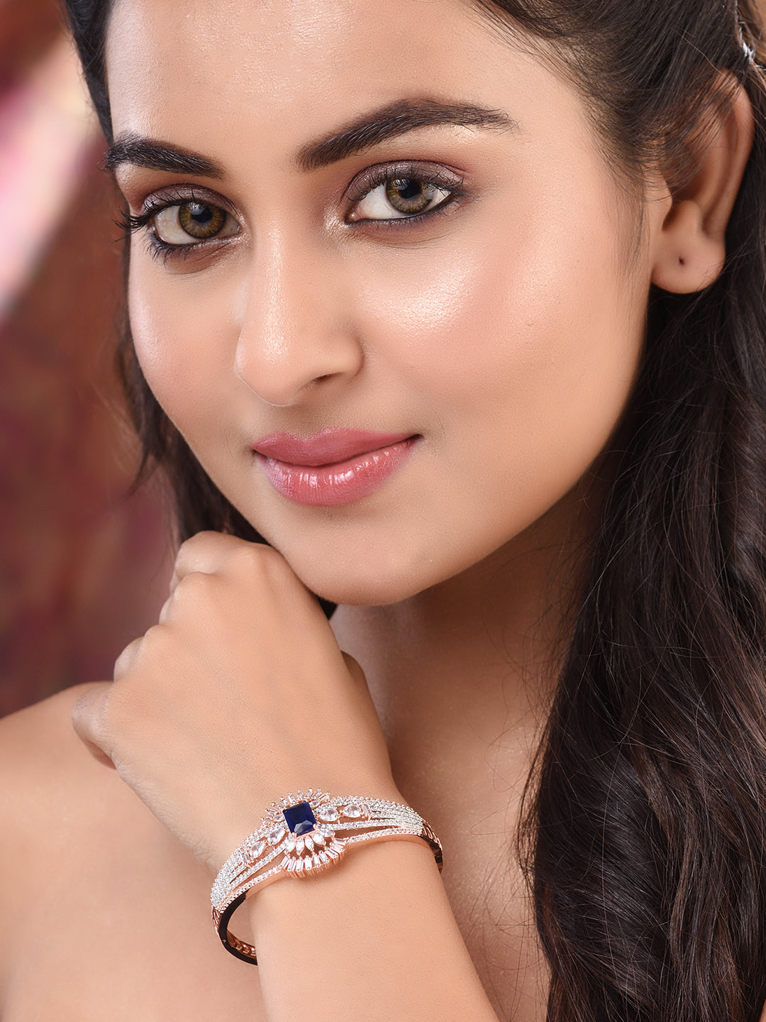 Rose Gold Plated Blue AD Handcrafeted Bangle Style Bracelet, zaveri pearls, sale price rs, sale price, sale gold plated, sale gold, sale, rubans, ring, regular price, priyassi jewellery, kush