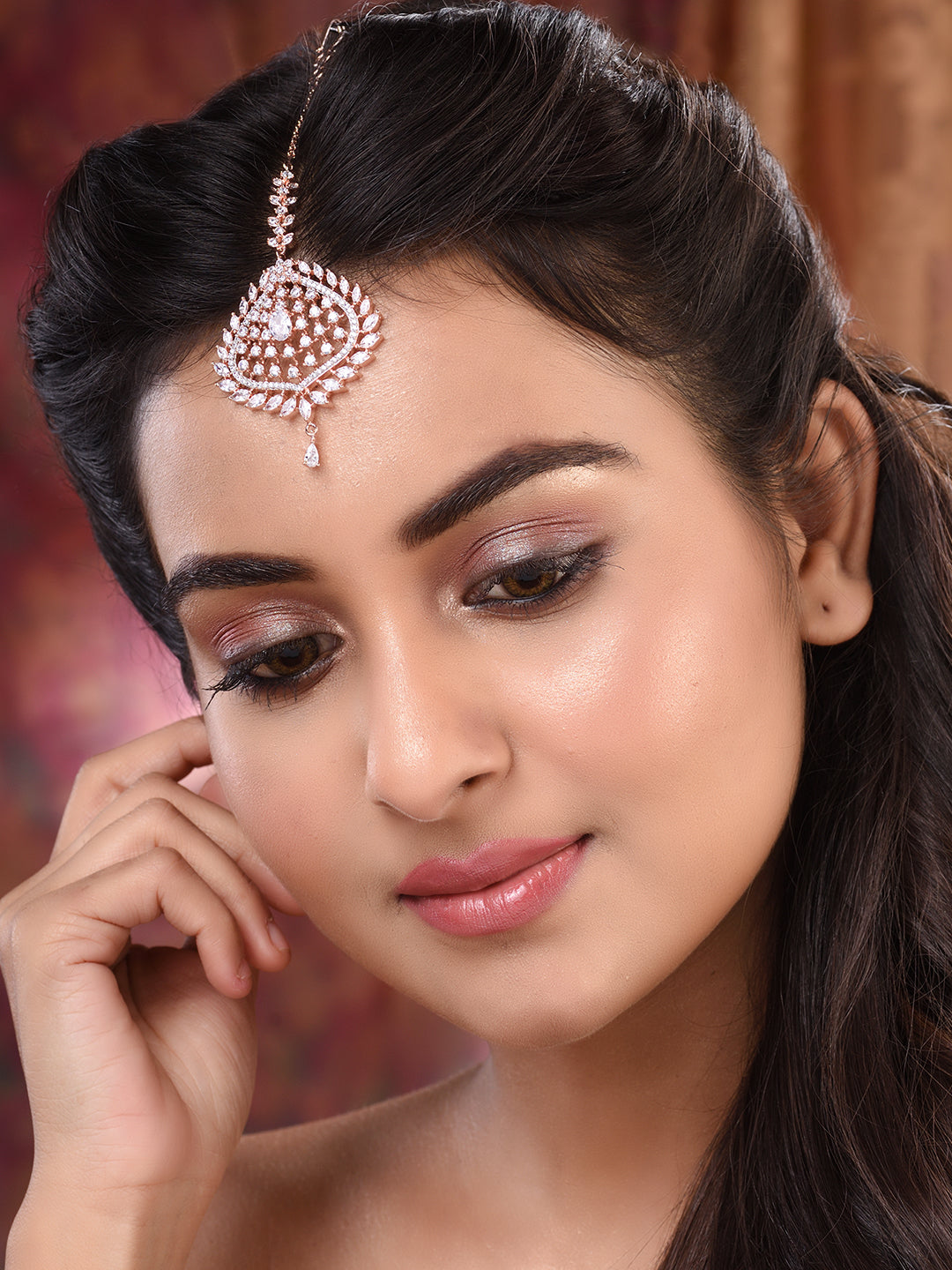 Rose Gold Toned AD Studded Handcrafted Statement Bridal Maangtika, zaveri pearls, sale price rs, sale price, sale gold plated, sale gold, sale, rubans, ring, regular price, priyassi jewellery