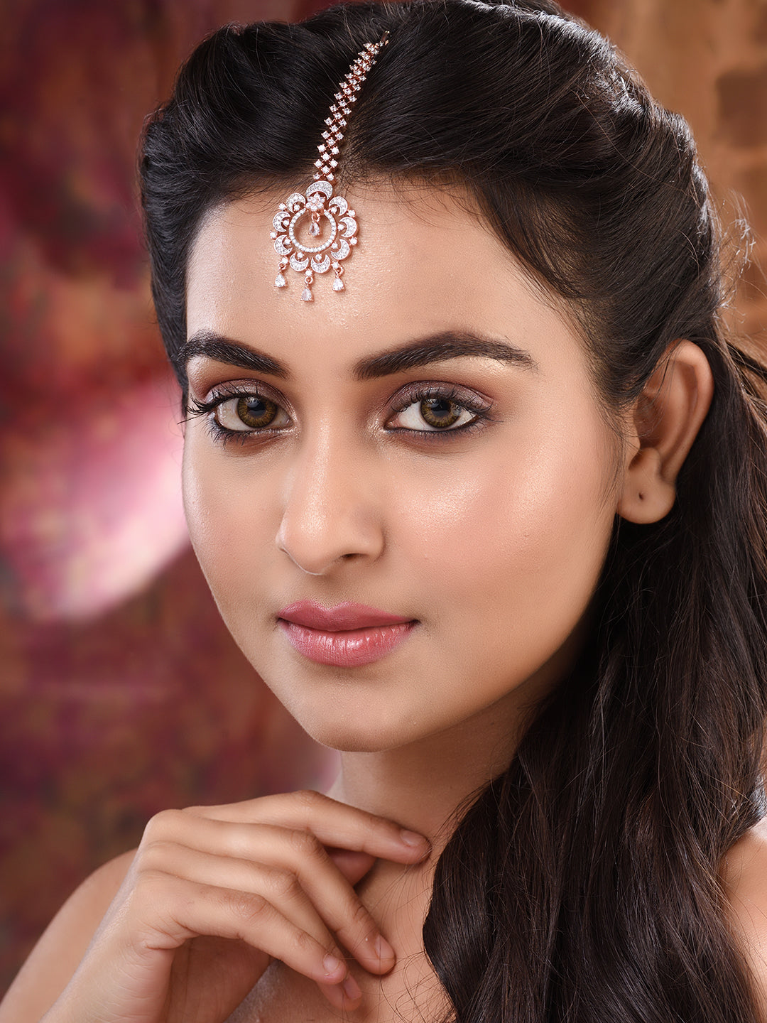 Rose Gold Plated AD EncrustedFloral Handcrafted Maangtika, zaveri pearls, sale price rs, sale price, sale gold plated, sale gold, sale, rubans, ring, regular price, priyassi jewellery, kushal