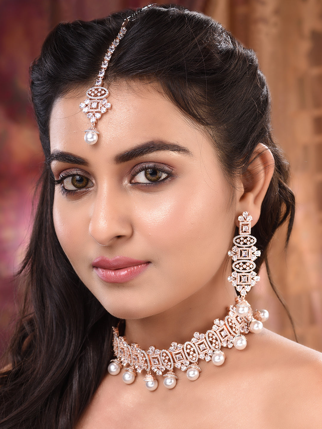 Rose Gold Toned White AD Studded & Pearl Beaded Choker Jewellery Set Mangtika, zaveri pearls, sale price rs, sale price, sale gold plated, sale gold, sale, rubans, ring, regular price, priyas