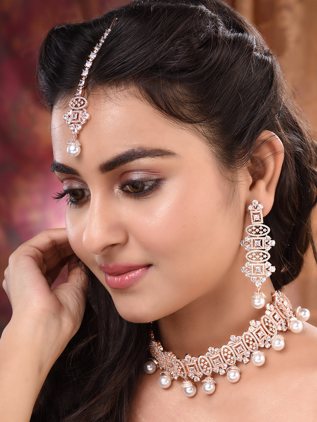 Rose Gold Toned White AD Studded & Pearl Beaded Choker Jewellery Set Mangtika, zaveri pearls, sale price rs, sale price, sale gold plated, sale gold, sale, rubans, ring, regular price, priyas