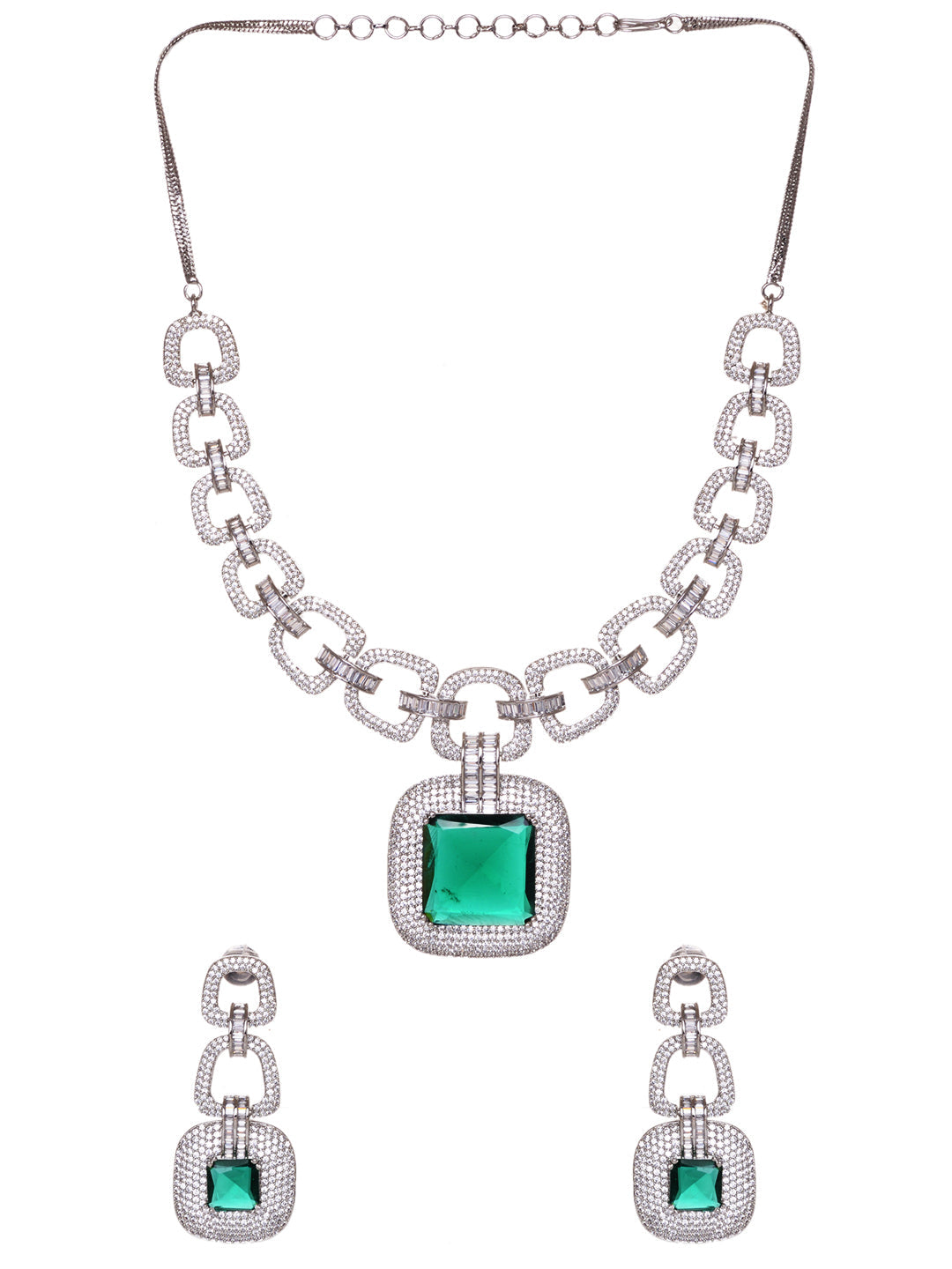 Silver Plated Green AD Studded Statement Necklace Jewellery Set, zaveri pearls, sale price rs, sale price, sale gold plated, sale gold, sale, rubans, ring, regular price, priyassi jewellery, 