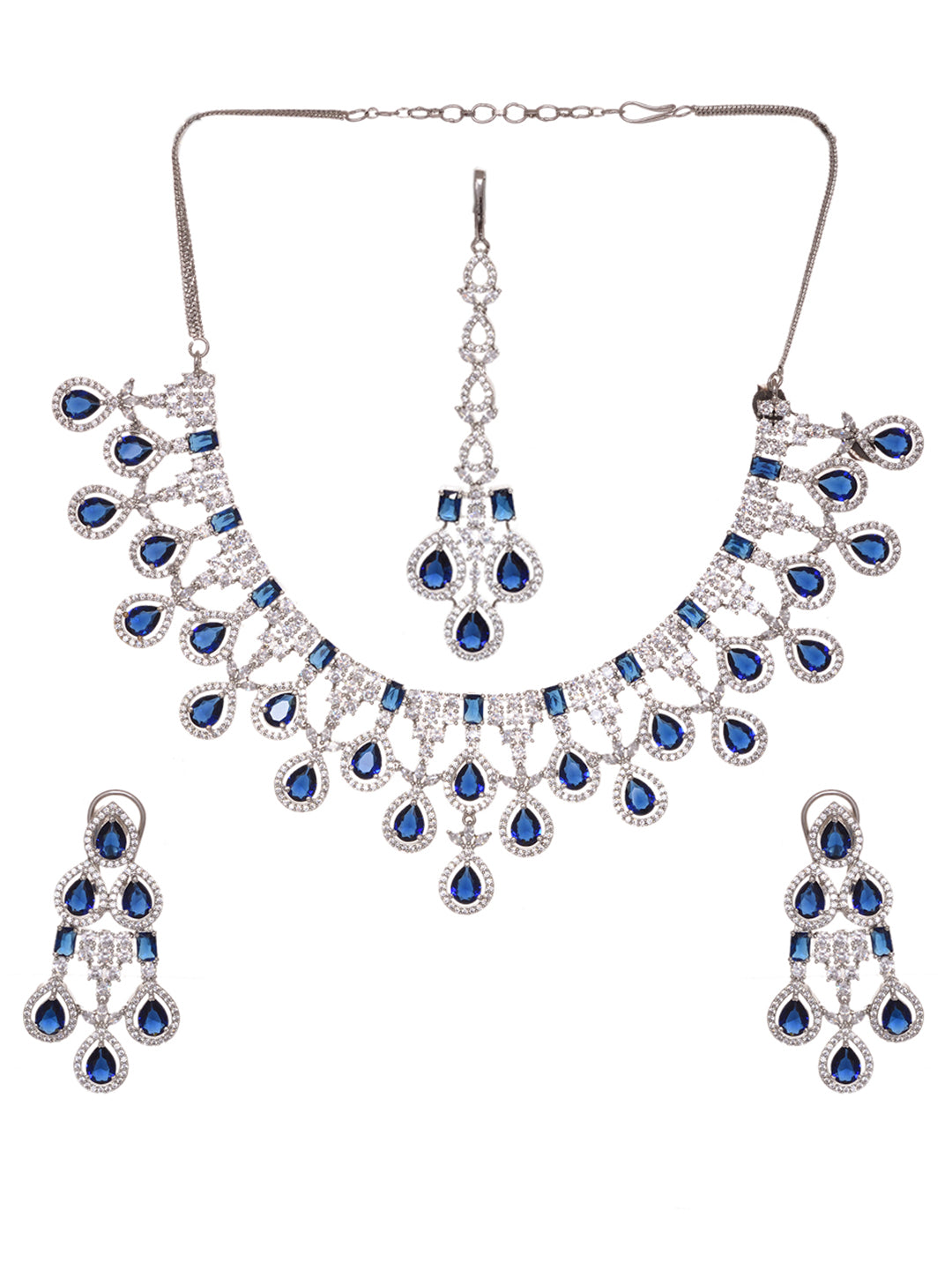 Silver plated Blue AD Studded statement Necklace Jewellery Set Mangtika, zaveri pearls, sale price rs, sale price, sale gold plated, sale gold, sale, rubans, ring, regular price, priyassi jew