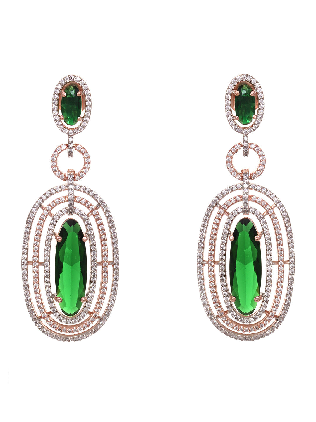 Rose Gold Plated Green AD Studded Oval Statement Earrings, zaveri pearls, sale price rs, sale price, sale gold plated, sale gold, sale, rubans, ring, regular price, priyassi jewellery, kushal