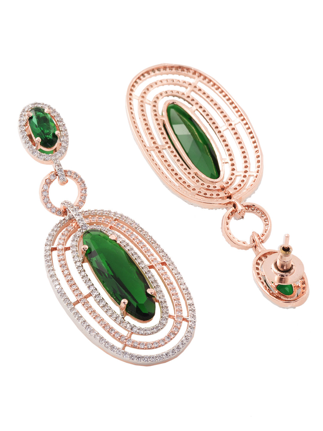 Rose Gold Plated Green AD Studded Oval Statement Earrings, zaveri pearls, sale price rs, sale price, sale gold plated, sale gold, sale, rubans, ring, regular price, priyassi jewellery, kushal