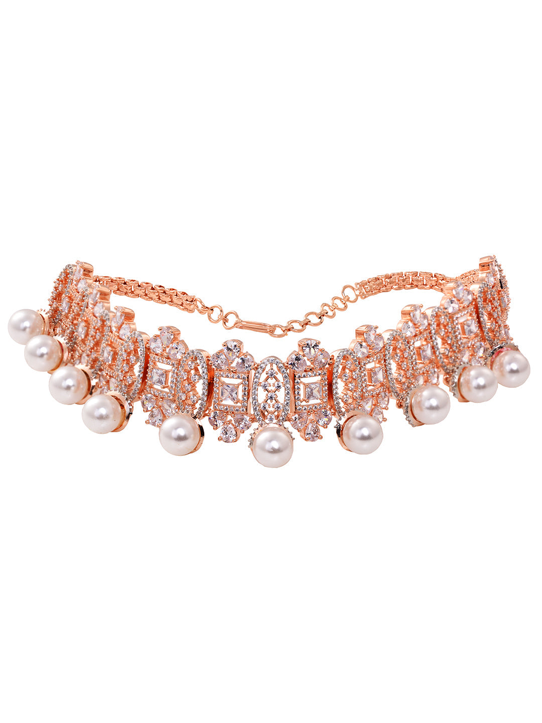 Rose Gold Toned White AD Studded & Pearl Beaded Choker Jewellery Set Mangtika, zaveri pearls, sale price rs, sale price, sale gold plated, sale gold, sale, rubans, ring, regular price, priyas