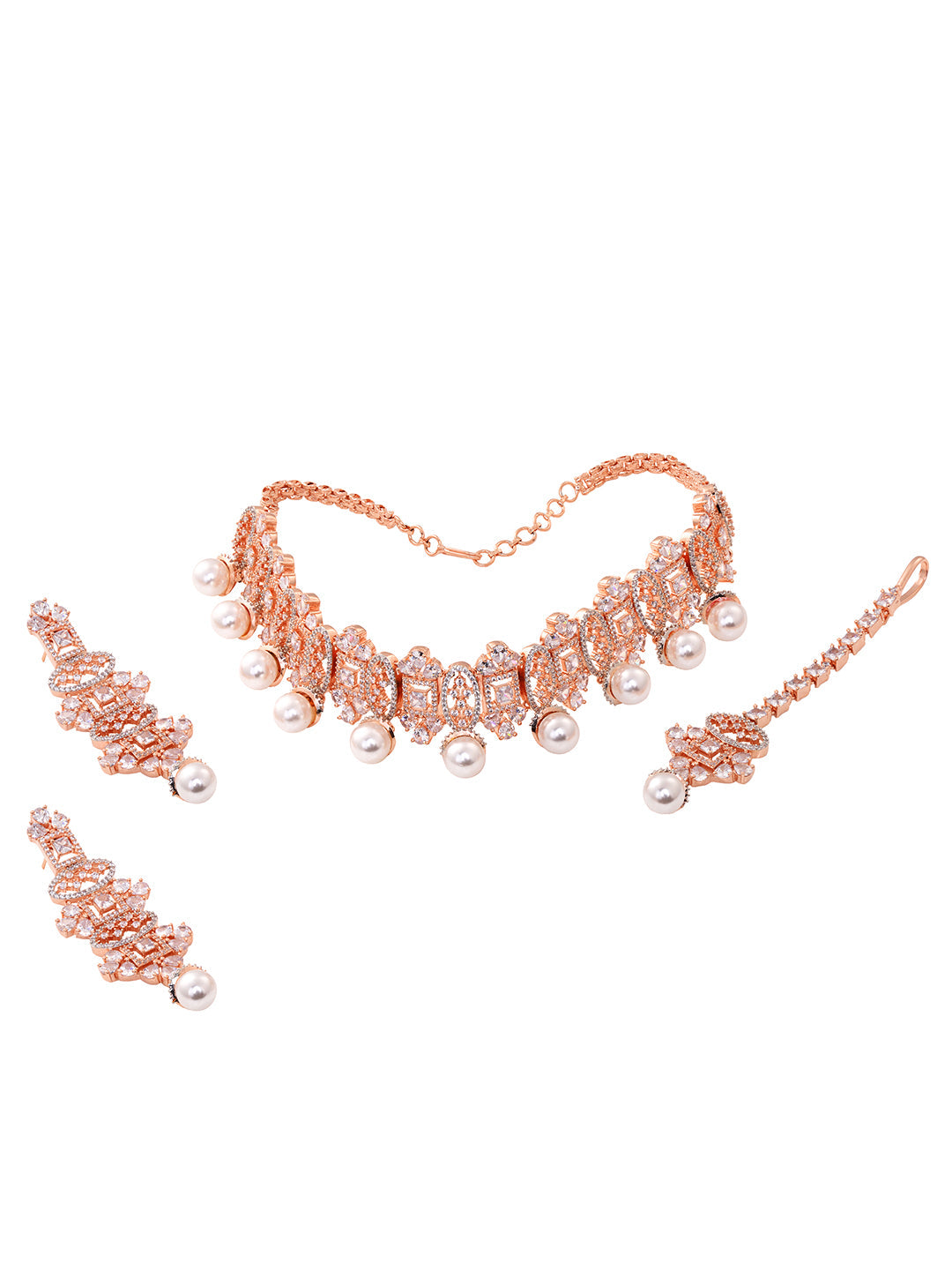 Rose Gold Toned White AD Studded & Pearl Beaded Choker Jewellery Set Mangtika, zaveri pearls, sale price rs, sale price, sale gold plated, sale gold, sale, rubans, ring, regular price, priyas