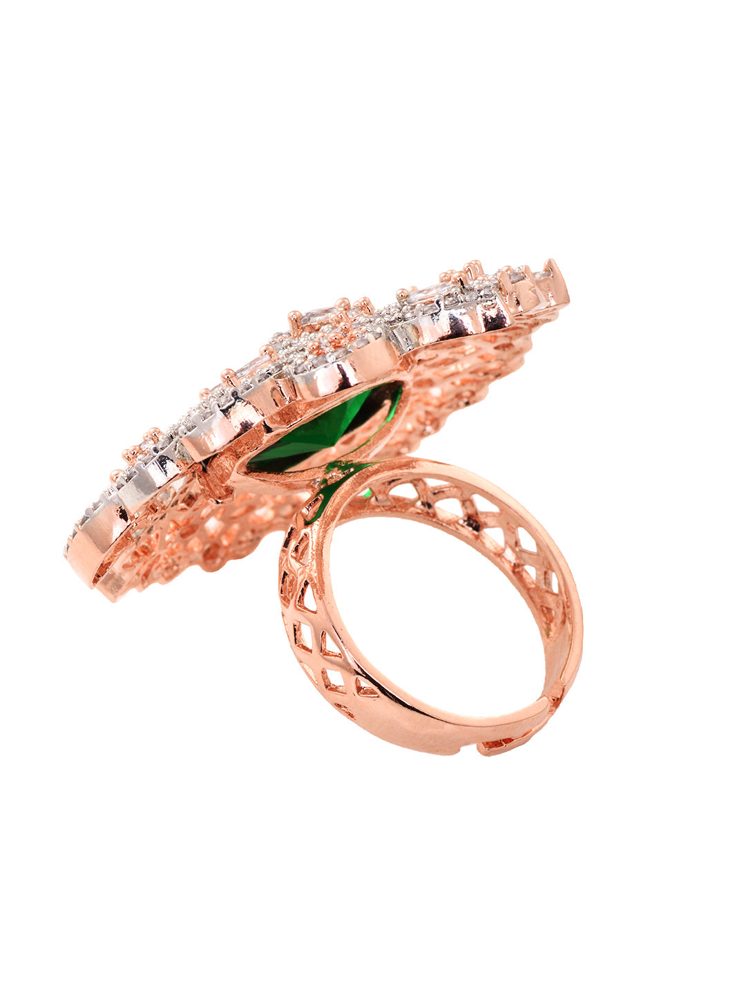 Rose Gold Plated Green AD Encrusted Quirky Floral Finger Ring, zaveri pearls, sale price rs, sale price, sale gold plated, sale gold, sale, rubans, ring, regular price, priyassi jewellery, ku