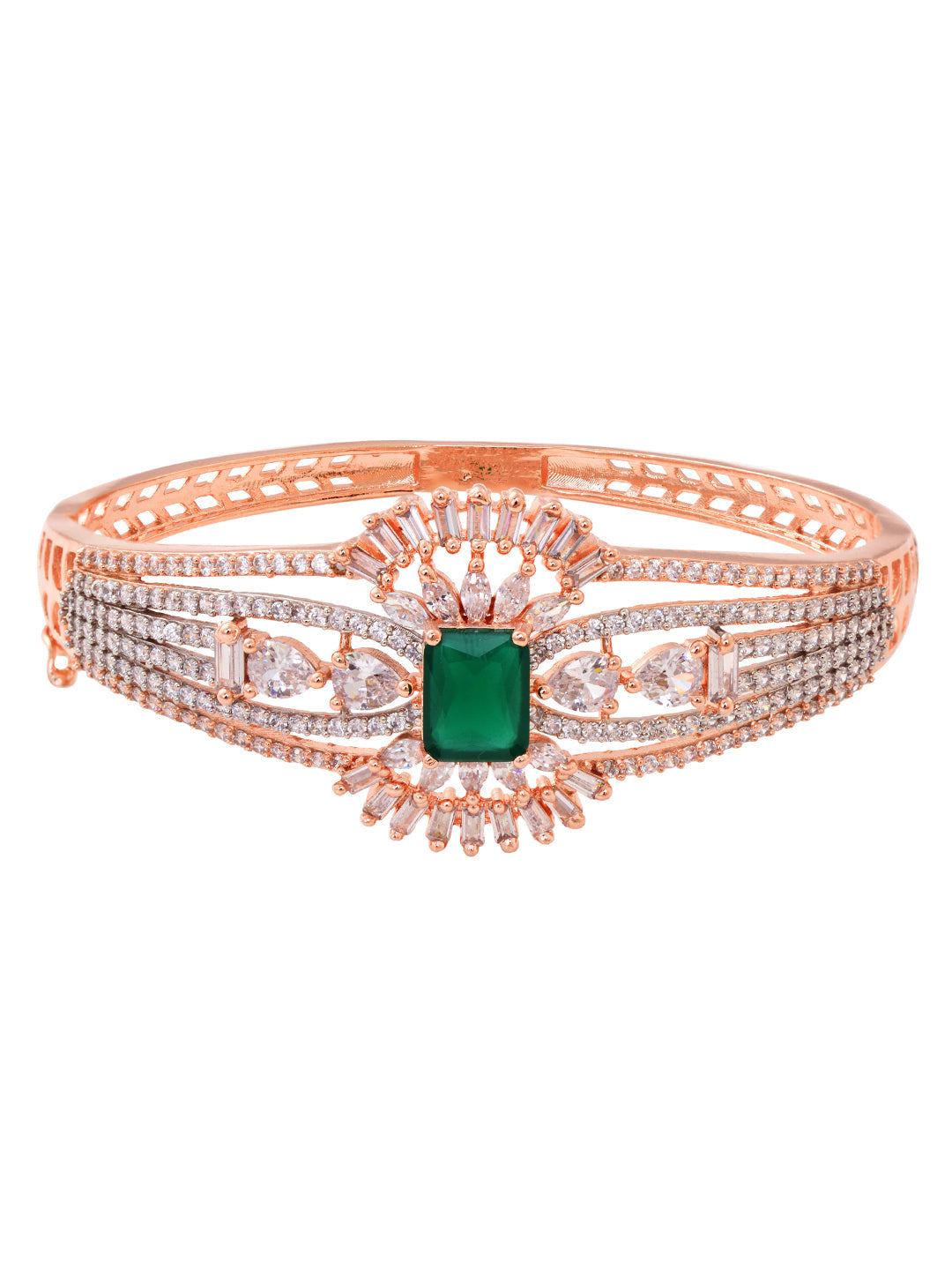 Rose Gold Toned Green AD Encrusted Statement Kada Bracelet, zaveri pearls, sale price rs, sale price, sale gold plated, sale gold, sale, rubans, ring, regular price, priyassi jewellery, kusha
