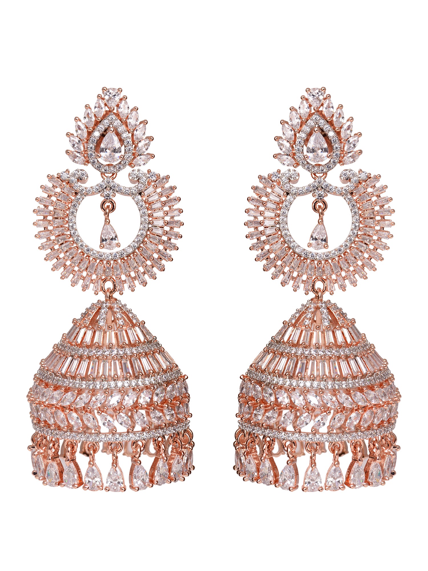 Rose Gold Plated White AD Studded Lightweight Jhumka Earrings, zaveri pearls, sale price rs, sale price, sale gold plated, sale gold, sale, rubans, ring, regular price, priyassi jewellery, ku