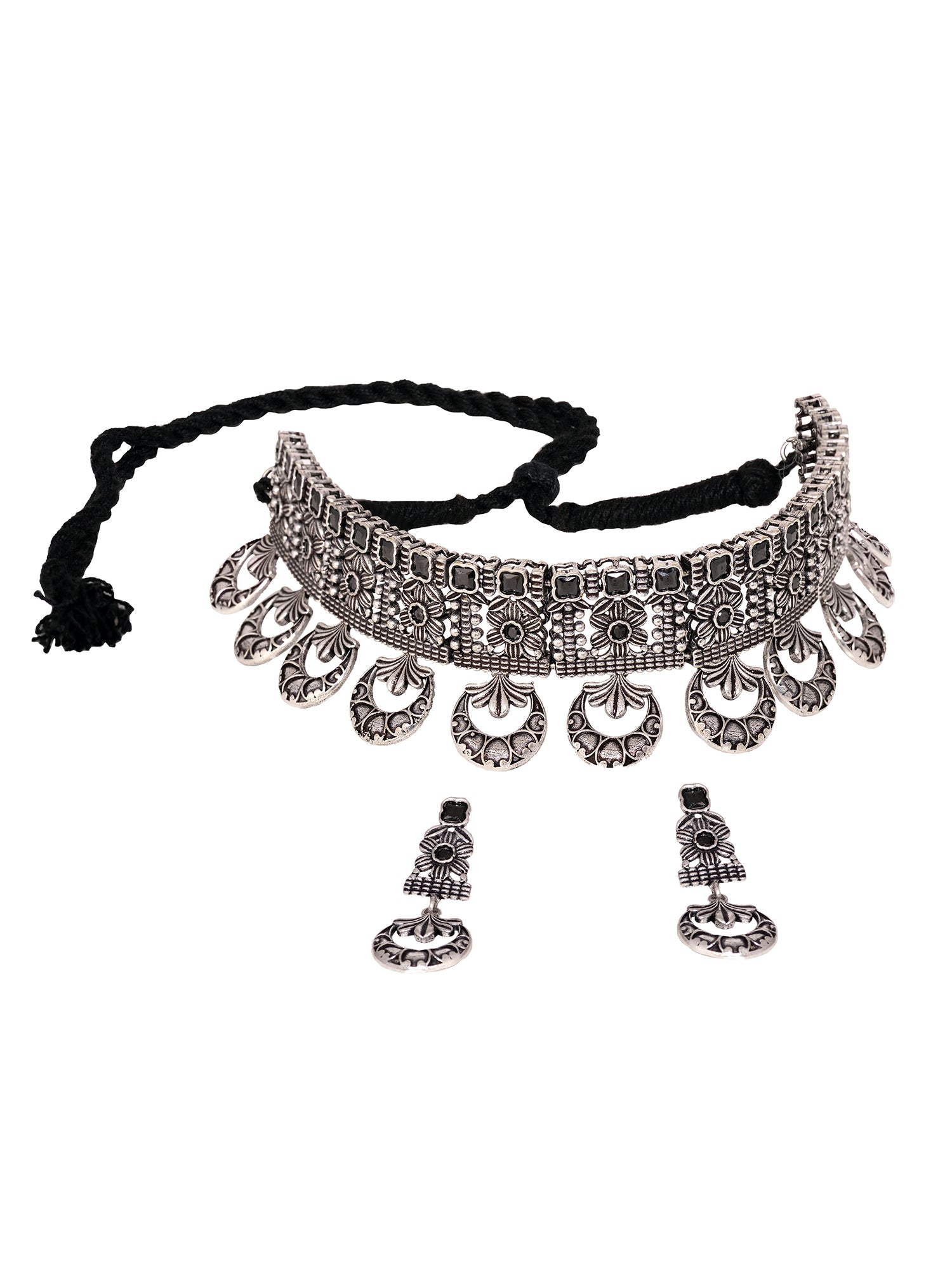 Silver Oxidised Black Stone Studded Tribal Choker Jewellery Set, zaveri pearls, sale price rs, sale price, sale gold plated, sale gold, sale, rubans, ring, regular price, priyassi jewellery, 