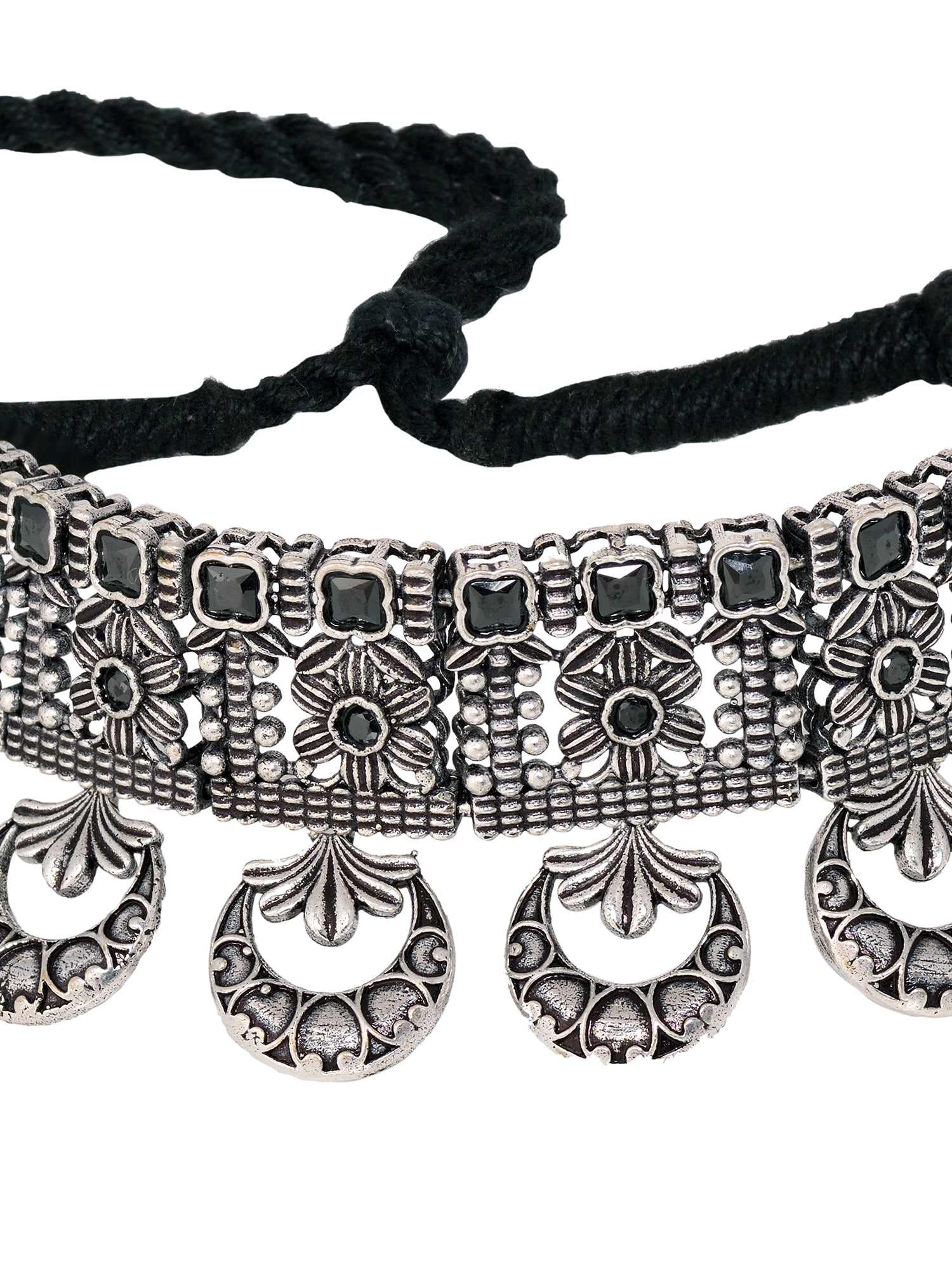 Silver Oxidised Black Stone Studded Tribal Choker Jewellery Set, zaveri pearls, sale price rs, sale price, sale gold plated, sale gold, sale, rubans, ring, regular price, priyassi jewellery, 