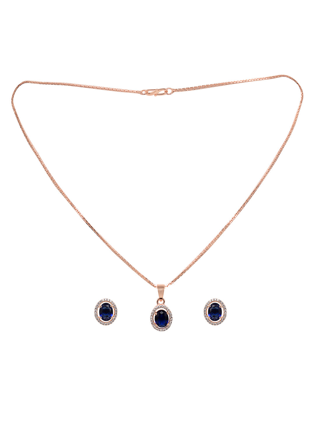 Rose Gold Plated Blue AD Solitaire pendant Locket Set Earrings and Chain, zaveri pearls, sale price rs, sale price, sale gold plated, sale gold, sale, rubans, ring, regular price, priyassi je