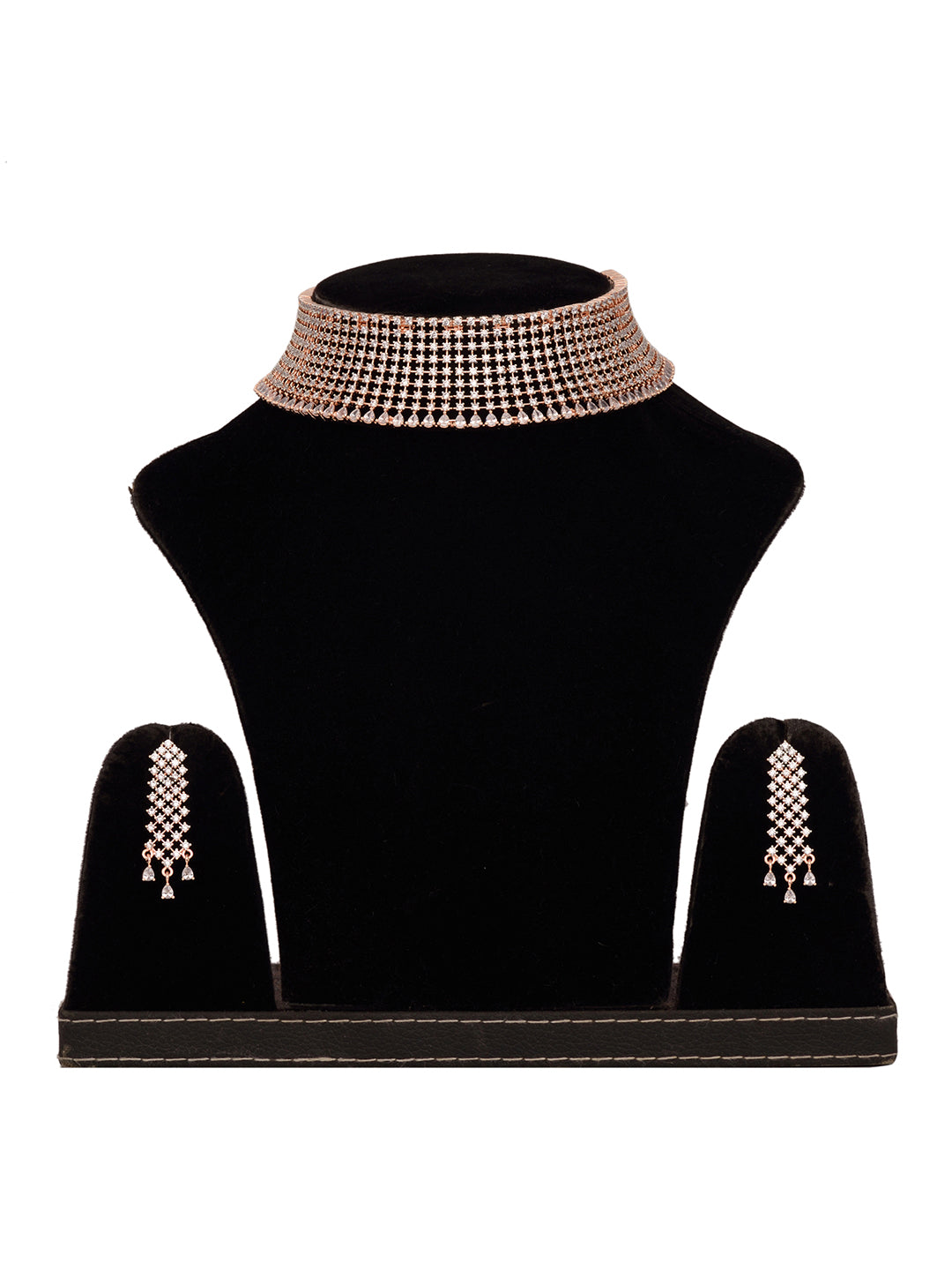 Rose Gold Plated White AD Studded Designer Choker Jewellery Set earrings, zaveri pearls, sale price rs, sale price, sale gold plated, sale gold, sale, rubans, ring, regular price, priyassi je