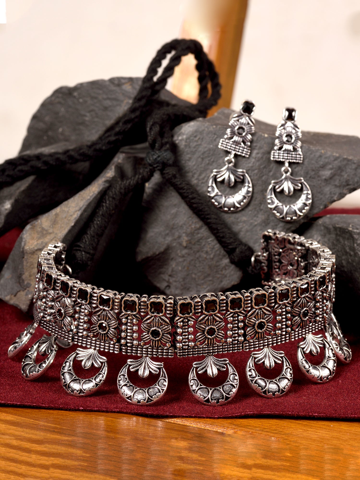 Silver Oxidised Black Stone Studded Tribal Choker Jewellery Set, zaveri pearls, sale price rs, sale price, sale gold plated, sale gold, sale, rubans, ring, regular price, priyassi jewellery, 