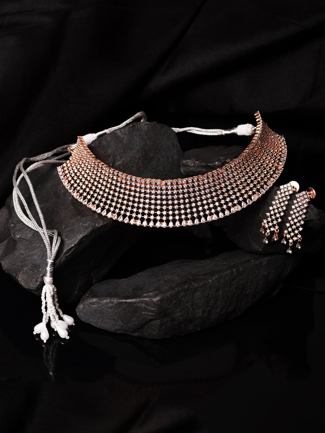 Rose Gold Plated White AD Studded Designer Choker Jewellery Set earrings, zaveri pearls, sale price rs, sale price, sale gold plated, sale gold, sale, rubans, ring, regular price, priyassi je