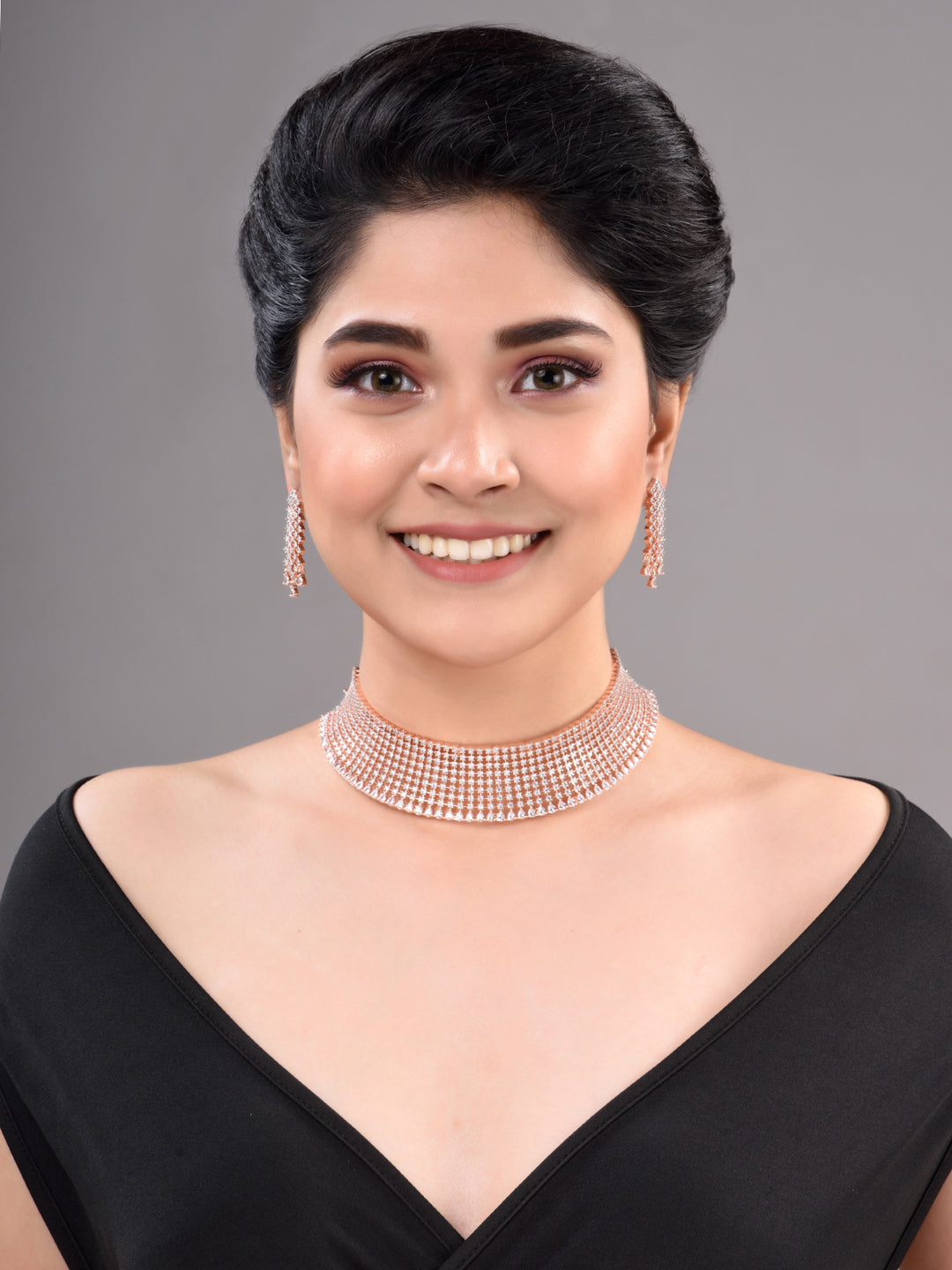 Rose Gold Plated White AD Studded Designer Choker Jewellery Set earrings, zaveri pearls, sale price rs, sale price, sale gold plated, sale gold, sale, rubans, ring, regular price, priyassi je